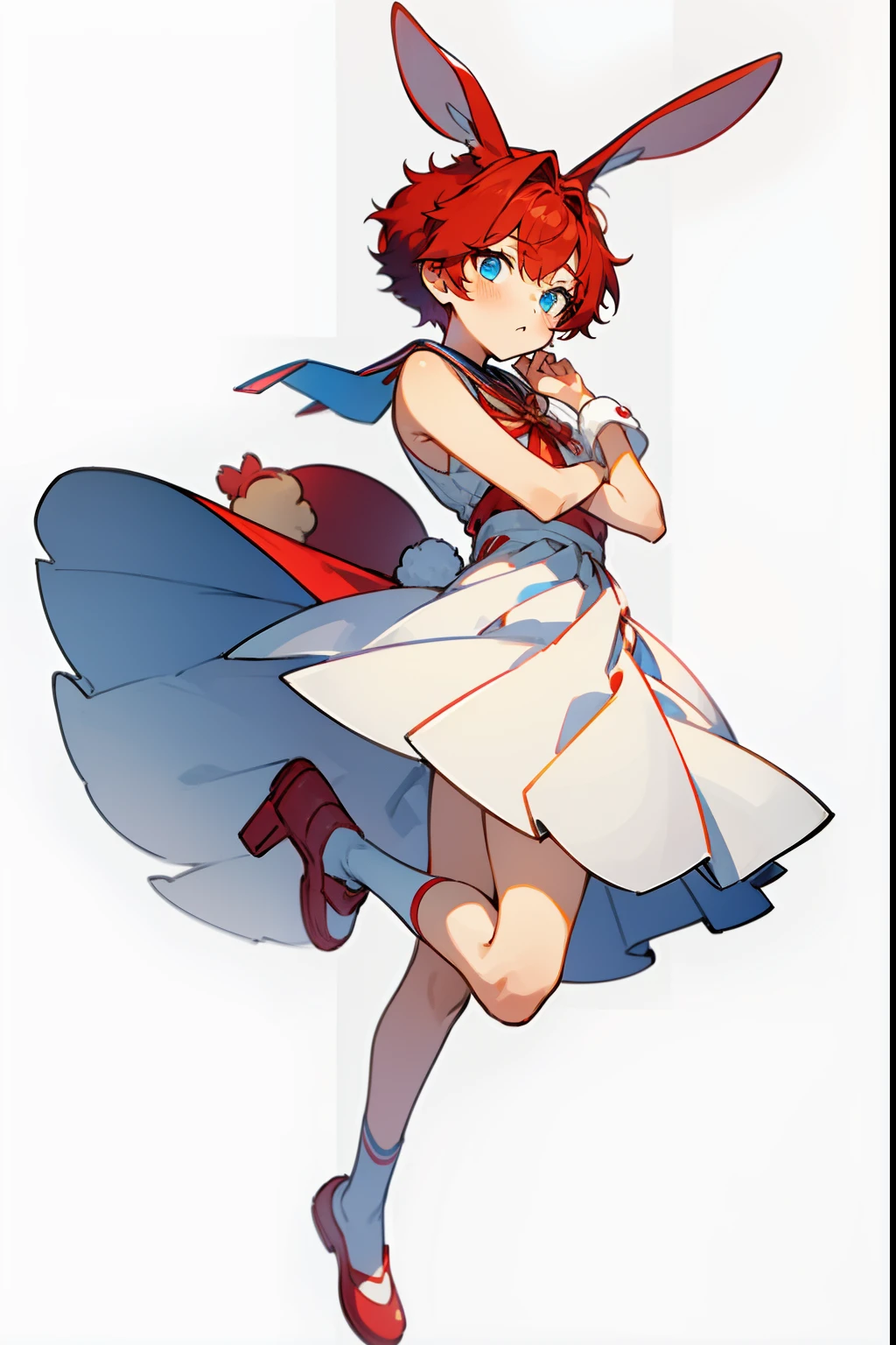 girl, solo girl, amagi hiiro, red hair, blue eyes, messy short hair, 1girl, full body, white dress, rabbit ears, rabbit tail, long socks, white background, slim waist, slim legs, red shoes, white background, detailed face, white plain dress, modelling pose, cute girl, shy, young girl,