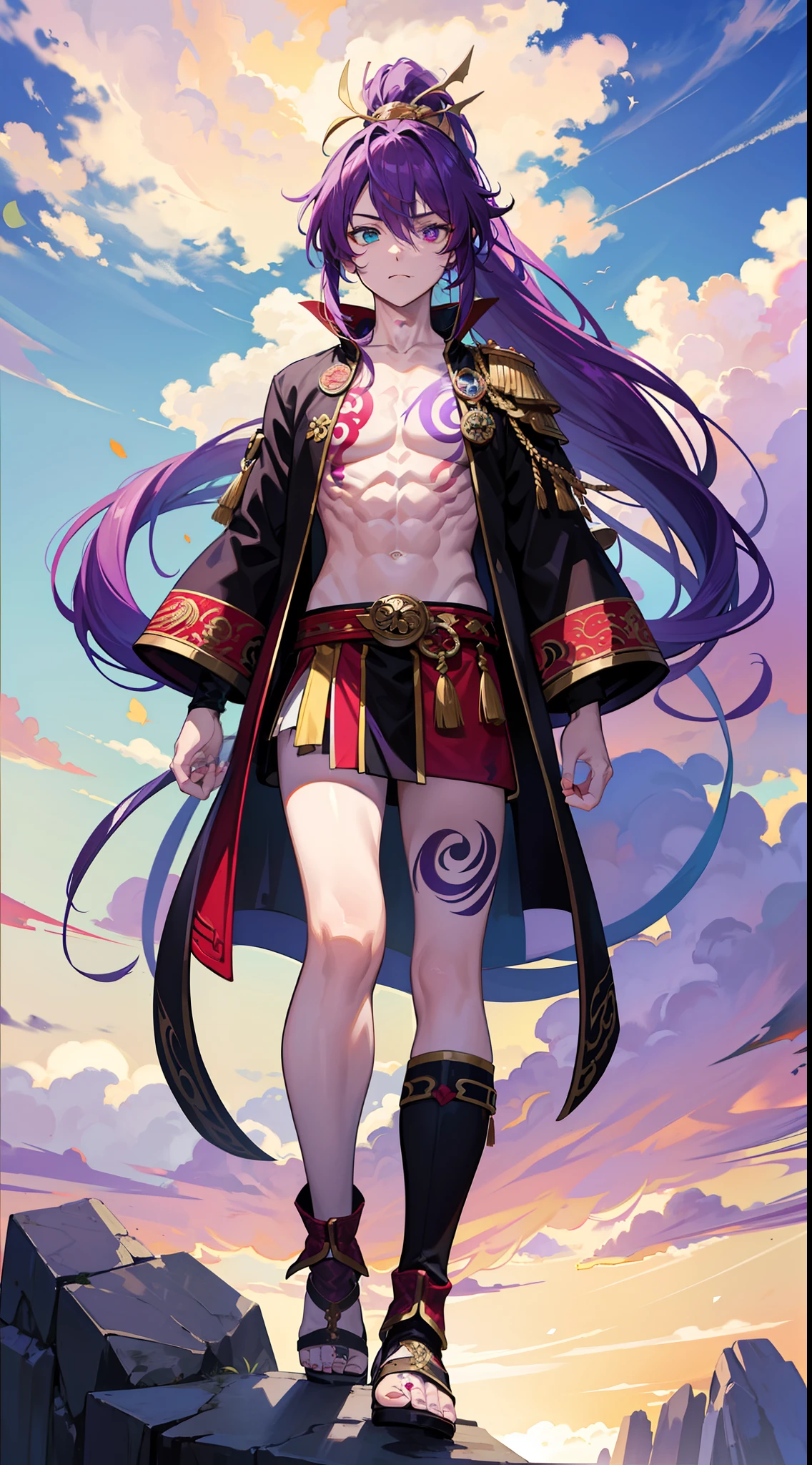 Grown-up guy, long purple hair, Part of the hair is gathered in a high ponytail, Heterochromia, The left eye is purple, Red right eye, The Monkey King's Armor, open torso, lots of tattoos, clouds beneath your feet, Masterpiece, hiquality, 4k, HD, Good detail