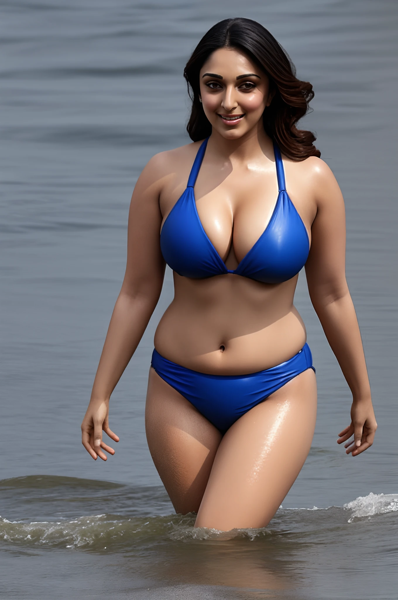 little chubby Kiara in a bikini, big boobs, wet body, natural lighting,  massive breasts, sexy navel, oil body