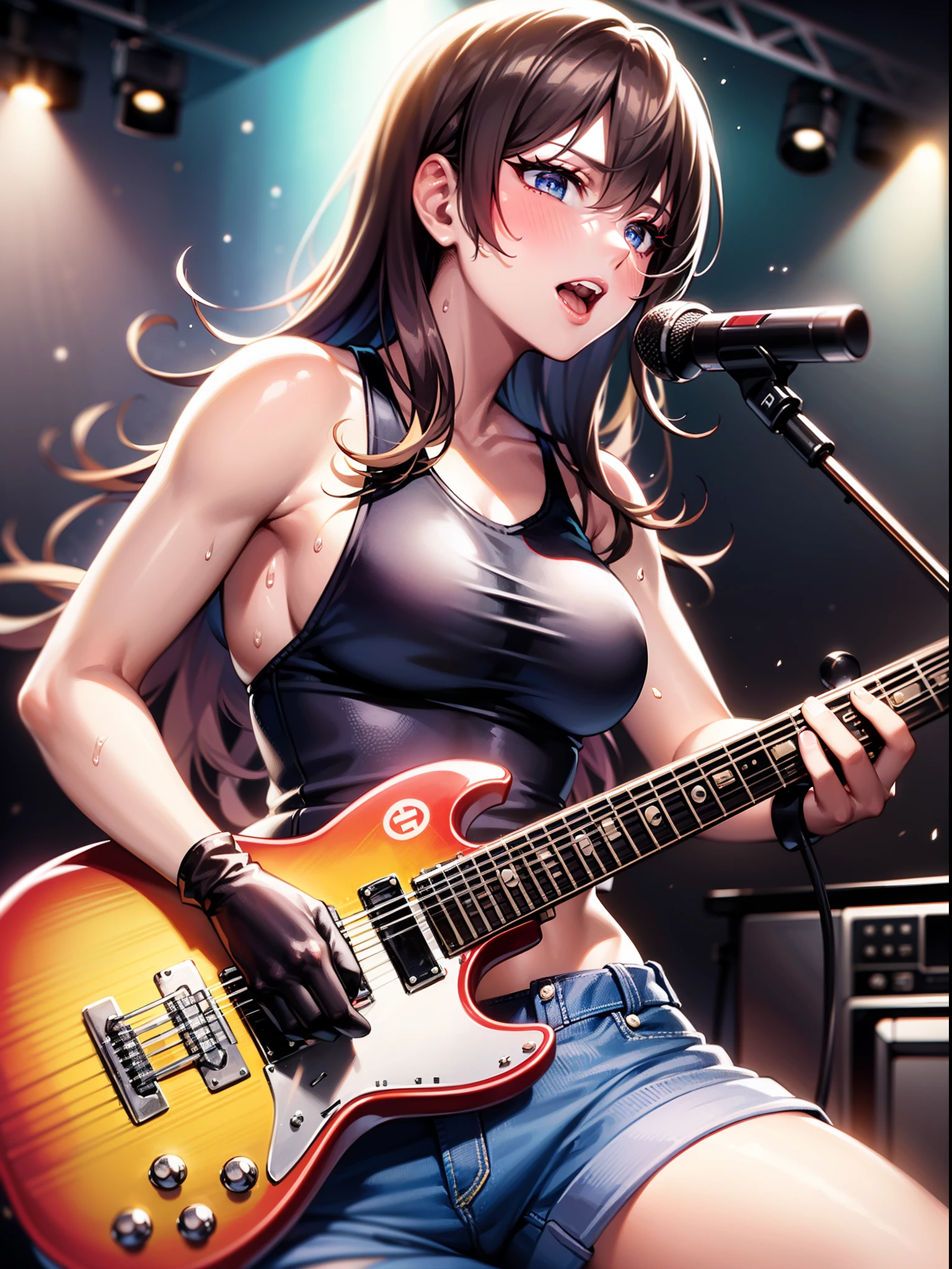 masterpiece, best quality, ultra-detailed, illustration, an extremely delicate and beautiful,high resolution, ultra-detailed,,perfect face,slender perfect body, Tight belly,Toned buttocks,Constricted waist,,(girl plays the guitar:1.7), (black skin:1.3),15yono make,(yellow hair),(braided hair),(pank uniform:1.3),(big smile),(open shirt:1.2),(tattoo on thigh:1.3),(very short hair), shy , short stature,(rock and roll star:1.3),(big breasts),(on a luxurious stage), (band girl),((very wide shot )),( sweaty skin:1.2),(low view:1.5),(spread legs:1.3)