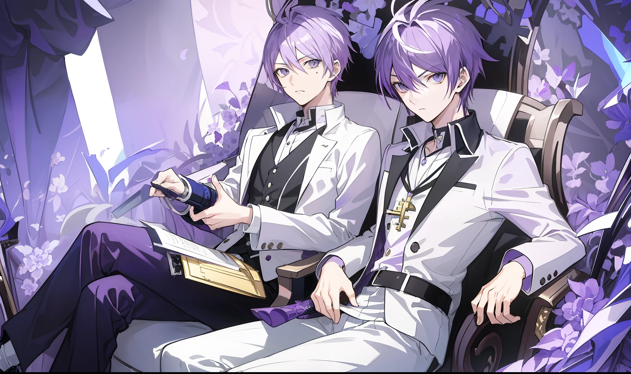 (masterpiece, highlydetailed, purple hair:1.5), （1boy）,male,(beautiful face, cute expression), (, charming), detailed purple eyes，short detailed hair，By bangs，tear-mole，anime character sitting in a chair with a sword and a clock, detailed key anime art, key anime art, best anime 4k konachan wallpaper, trigger anime artstyle, digital art from danganronpa, anime wallaper, hajime yatate, shigenori soejima illustration, handsome guy in demon slayer art, nightcore