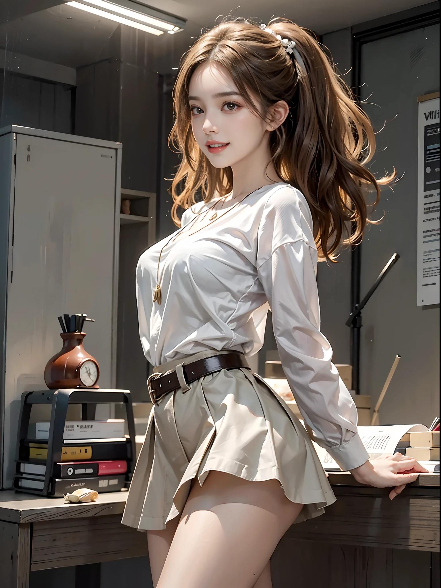 ((full body)), ((from side)), ((realistic)), 1girll, posed for photo, inside in room, desks, Stand up, Pleasing posture, amazing pose, pretty legs, looking at viewert, Detailed scenes, curlies, Air bangs, Beautiful hair accessories, Brownish-yellow hair, light make-up, Blushlush, Gloss on lips, ((White color blouse, black short skirt, Shiny belt)), (Campus style), warm lights, a warm color palette, Detailed details, ultra-detailliert, (tmasterpiece, best qualtiy), (An extremely delicate and beautiful work), Delicate earrings, Delicate necklace, Simple blurred background, Extreme detail description, Ultra-fine painting, Delicate face, slim toned body, (grin, happy grin, Baring teeth), (anatomy correct)