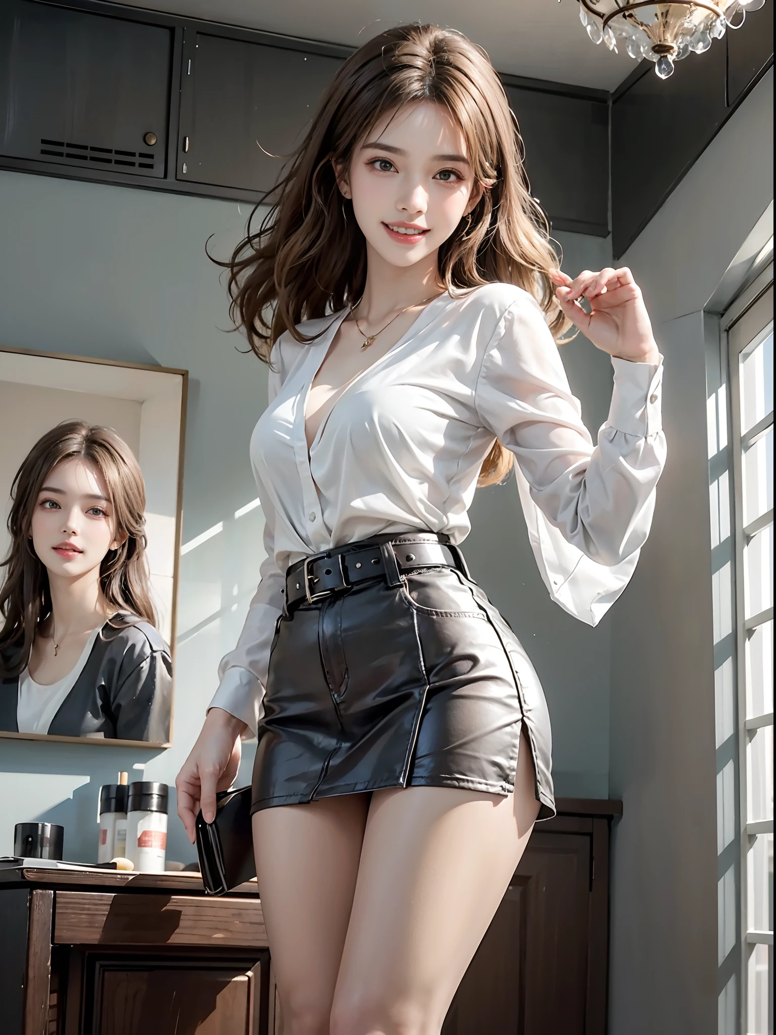 ((full body)), ((from side)), ((realistic)), 1girll, posed for photo, inside in room, desks, Stand up, Pleasing posture, amazing pose, pretty legs, looking at viewert, Detailed scenes, curlies, Air bangs, Beautiful hair accessories, Brownish-yellow hair, light make-up, Blushlush, Gloss on lips, ((White color blouse, black short skirt, Shiny belt)), (Campus style), warm lights, a warm color palette, Detailed details, ultra-detailliert, (tmasterpiece, best qualtiy), (An extremely delicate and beautiful work), Delicate earrings, Delicate necklace, Simple blurred background, Extreme detail description, Ultra-fine painting, Delicate face, slim toned body, (grin, happy grin, Baring teeth), (??????? correct)
