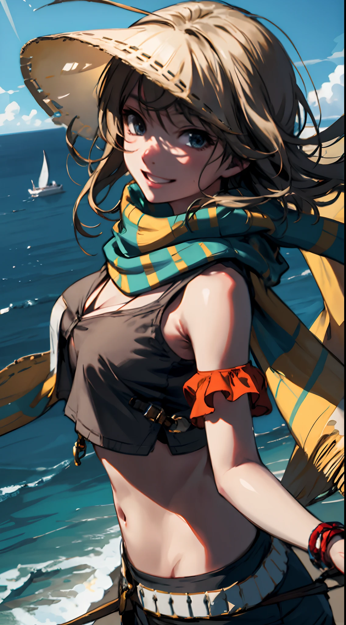 1 girl, upper body, single focus, windblown charm, parasailing gear, flowing scarf, (parasail: 1.4), (high above: 1.3), wide smile, exhilarating view, [depth of field, ambient lighting, soaring foreground, open skies background], vast horizons, weightless flight, playful breezes, (coastal shore), (cliff: 1.2), intricate details, enhanced lighting.