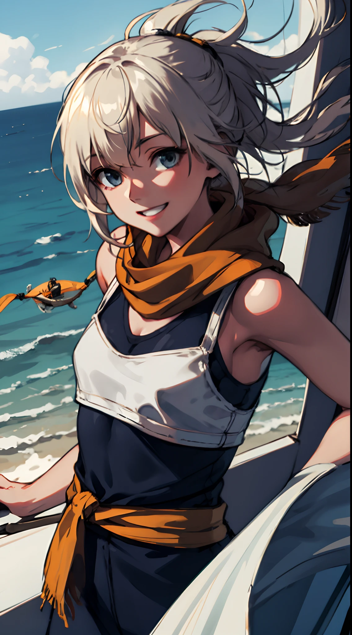 1 girl, upper body, single focus, windblown charm, parasailing gear, flowing scarf, (parasail: 1.4), (high above: 1.3), wide smile, exhilarating view, [depth of field, ambient lighting, soaring foreground, open skies background], vast horizons, weightless flight, playful breezes, (coastal shore), (cliff: 1.2), intricate details, enhanced lighting.