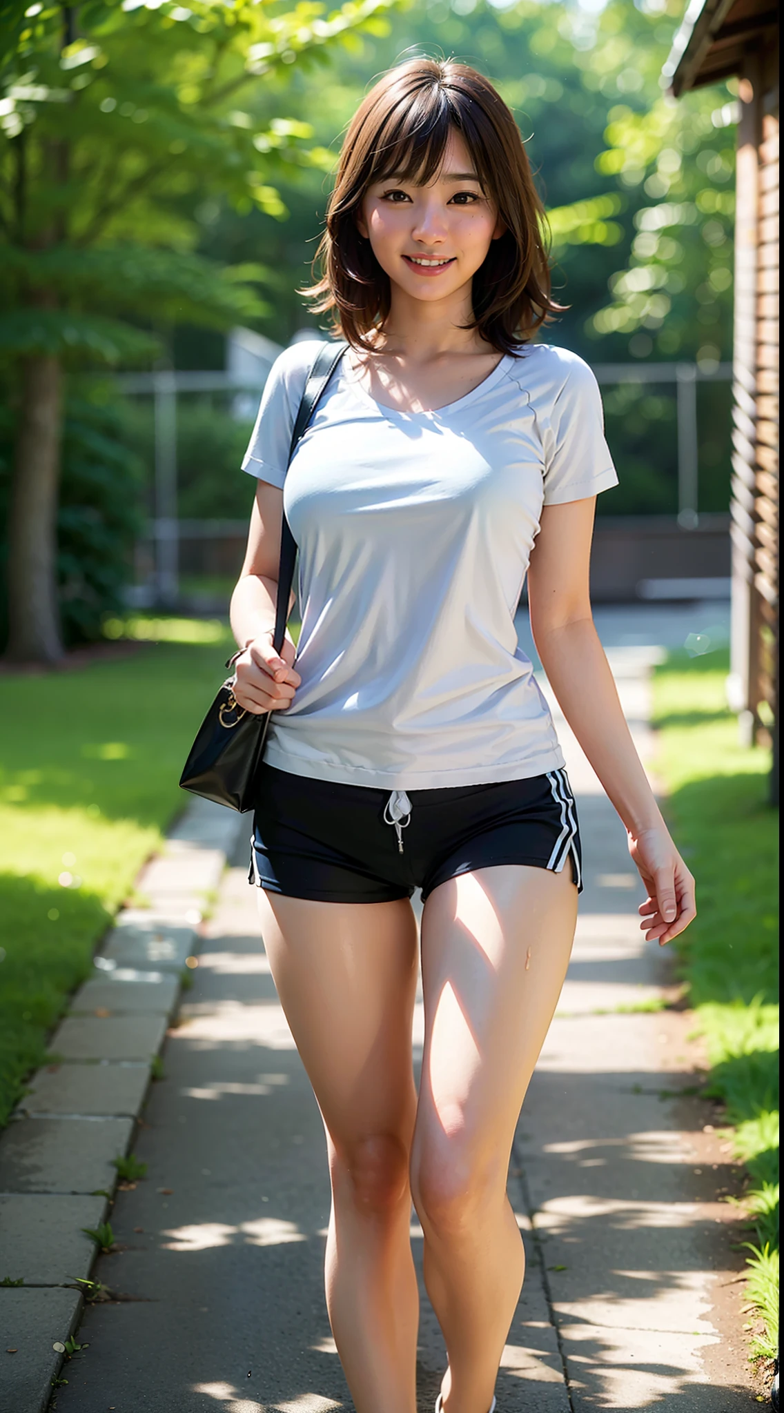 Photorealistic: 1.5, Jogging girl、shortpants、Lawn Park、 e young Japan, Big smile, drooing eyes: 1.3, (in 8K) , ​master piece, (No retouching, Lip gloss, False eyelashes, Real Skin, of the highest quality, 超A high resolution, depth of fields, chromatic abberation, Caustics, Wide Lighting, Natural Shading))