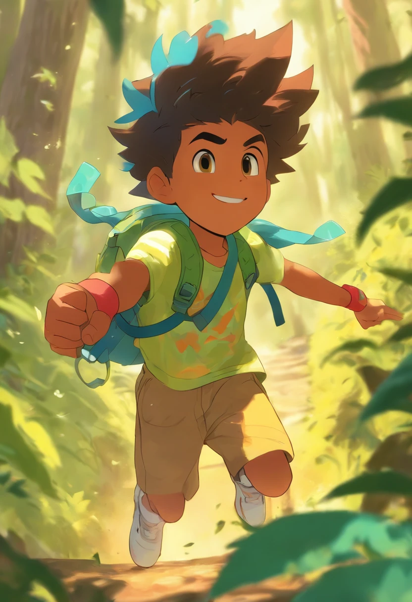 menino 9 anos idade, cabelos pretos, roupa azul, tenis, mochila escolar, observa passarinhos na floresta, floresta verdejante, bela, Arte infantil em Artstation, mobile game art, arte digital detalhada bonito, illustration of children's books, painting digital adorable, arte de fundo, colorful kids book illustration, illustration for children, illustration of children's books, 2d illustration, 2d illustration, 2d matte illustration, a beautiful artwork illustration, pintura digital dos desenhos animados, (melhor qualidade, alta qualidade:1.4), (Qualidade Superior, melhor qualidade, Beautiful and Aesthetic:1.2), extremamente detalhado, colorido, mais alto detalhado em ultra detalhado,