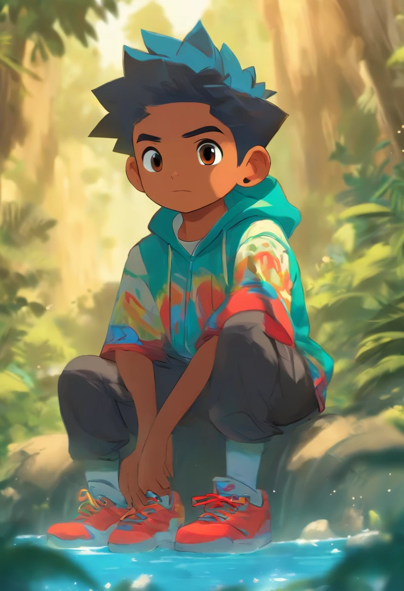 menino 9 anos idade, cabelos pretos, roupa azul, tenis, mochila escolar, observa passarinhos na floresta, floresta verdejante, bela, Arte infantil em Artstation, mobile game art, arte digital detalhada bonito, illustration of children's books, painting digital adorable, arte de fundo, colorful kids book illustration, illustration for children, illustration of children's books, 2d illustration, 2d illustration, 2d matte illustration, a beautiful artwork illustration, pintura digital dos desenhos animados, (melhor qualidade, alta qualidade:1.4), (Qualidade Superior, melhor qualidade, Beautiful and Aesthetic:1.2), extremamente detalhado, colorido, mais alto detalhado em ultra detalhado,