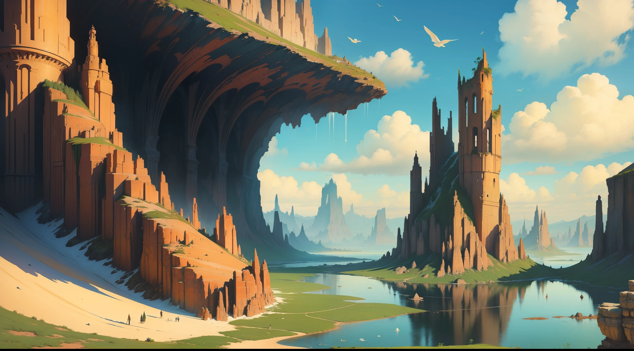 an ancestral landscape of fantasy and mistery inspireted on art style of Micheal Whelan and Jean Giraud Moebius. fantastic landscape, beautifull landscape. --auto --s2