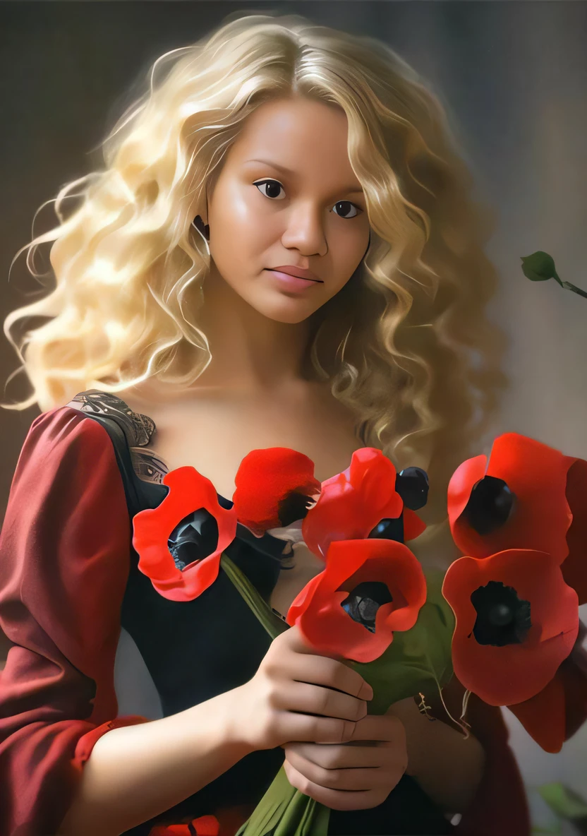 There is a woman holding a bunch of red flowers in her hands, pintura realista bonita, pintura digital bonita, Directed by: Vladimir Novak, lindo pintura digital, arte digital. foto realista, pintura digital fotorrealista, Directed by: Alexander Kucharsky, estilo de pintura realista, pintura realista da menina bonito, inspirado em Alexander Deyneka, arte bonita, menina loira bonita, pintura digital realista