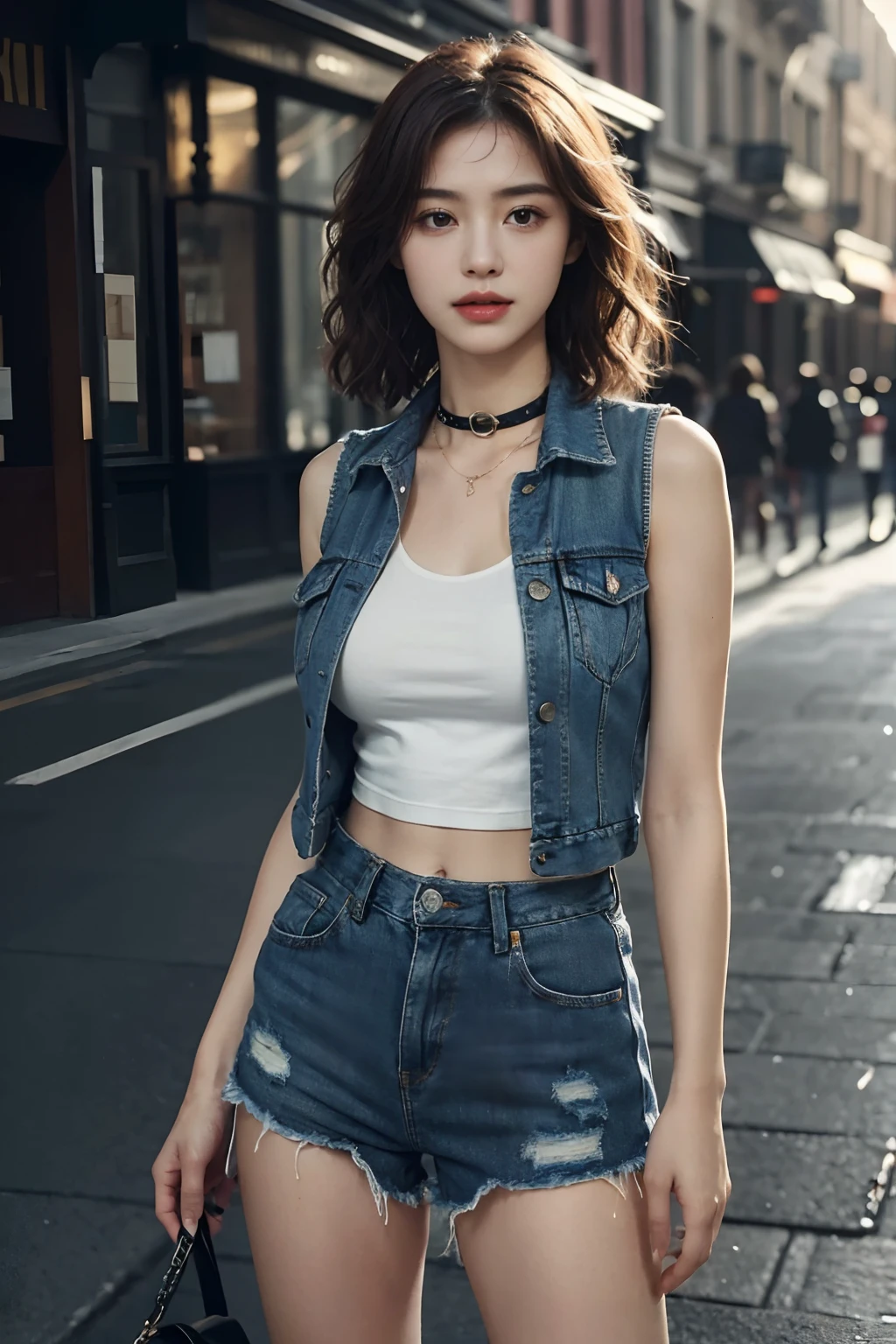 (big boobs, tomboy, small head)), (well-defined abs: 1.1), (perfect figure: 1.1), (short wavy hair: 1.2), auburn hair, collar, chain, full body shot, crowded street, wearing a black vest, denim jacket, (shorts)), (extremely detailed CG 8k wallpaper), (extremely delicate and beautiful), (extremely delicate and beautiful), (masterpiece), (best quality: 1.0), (ultra high resolution: 1.0), (ultra high resolution: 1.0), beautiful lighting, perfect flash Realistic shadows, [high res], delicate skin, ultra-detailed (((Colorful)))