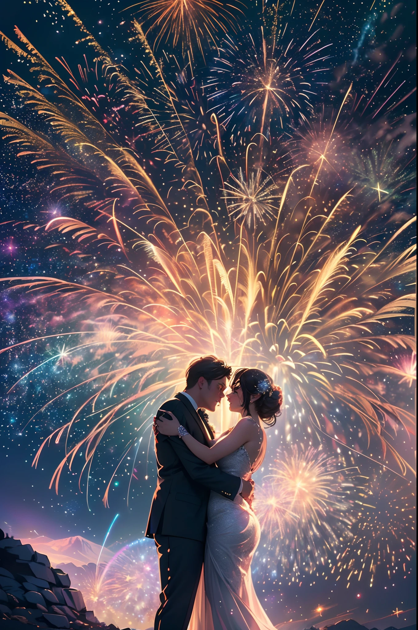 ((Best quality, A high resolution, Masterpiece:1.2)), (Romantic), (newlyweds:1),(Happy kissing),Delicate facial features, Clear facial features, Optimized details, (Stargazing at the top of the mountain), (Spectacular sky fireworks display), (Colorful fireworks), (Giant fireworks), (Wedding dress), (suit), (glittering stars:1.5), Romantic couple photo, cinematic Film still from.