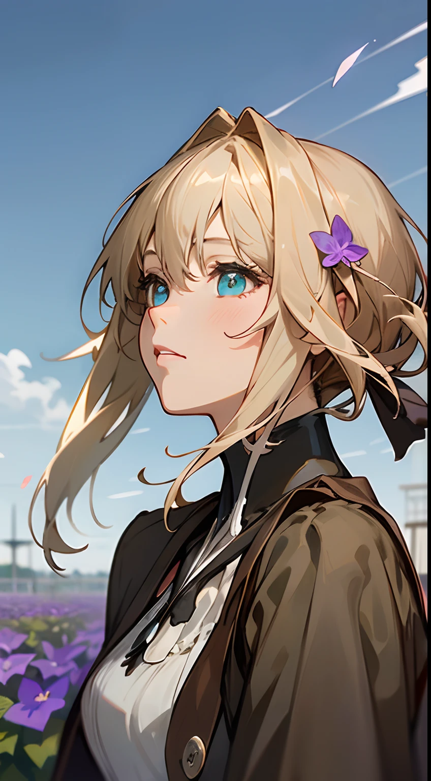 ((masutepiece)), ((Best Quality)), (Ultra-detailed), ((Extremely detailed)), 4K, (8K), Best Quality, (Beautiful), Focus on face0, Cute little girl s, 1girl in, Solo, ((Beautiful eyes))0, (Dynamic Angle: 1.3), Wind, Movie Highlight, Tindall Effect, 1 girl, Upper body, Arms up, look at the audience, extreme close - up, (((Violet_Evergarden))), Solo, Jewelry, deadpan, brooches, Blonde, ( Vevry Long Hair: 1.2), Floating hairlong_sleeves, bow ribbon, Blue_Eyes, Jacket, Dress, gemstone, , Depth_in the_field, flower field, Fluttering petals --auto