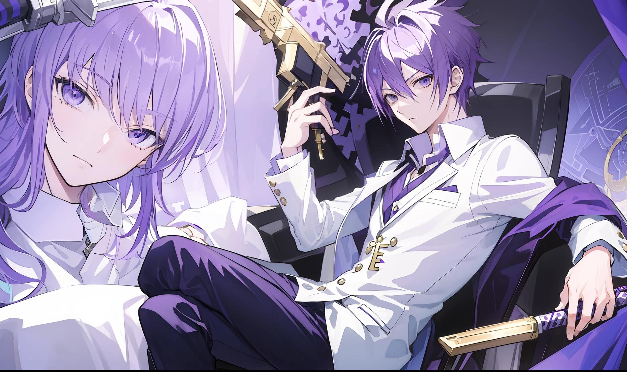 (masterpiece, highlydetailed, purple hair:1.5), (1boy),male,(beautiful face, cute expression), (, charming), detailed purple eyes,short detailed hair,By bangs,tear-mole,anime character sitting in a chair with a sword and a clock, detailed key anime art, key anime art, best anime 4k konachan wallpaper, trigger anime artstyle, digital art from danganronpa, anime wallaper, hajime yatate, shigenori soejima illustration, handsome guy in demon slayer art, nightcore