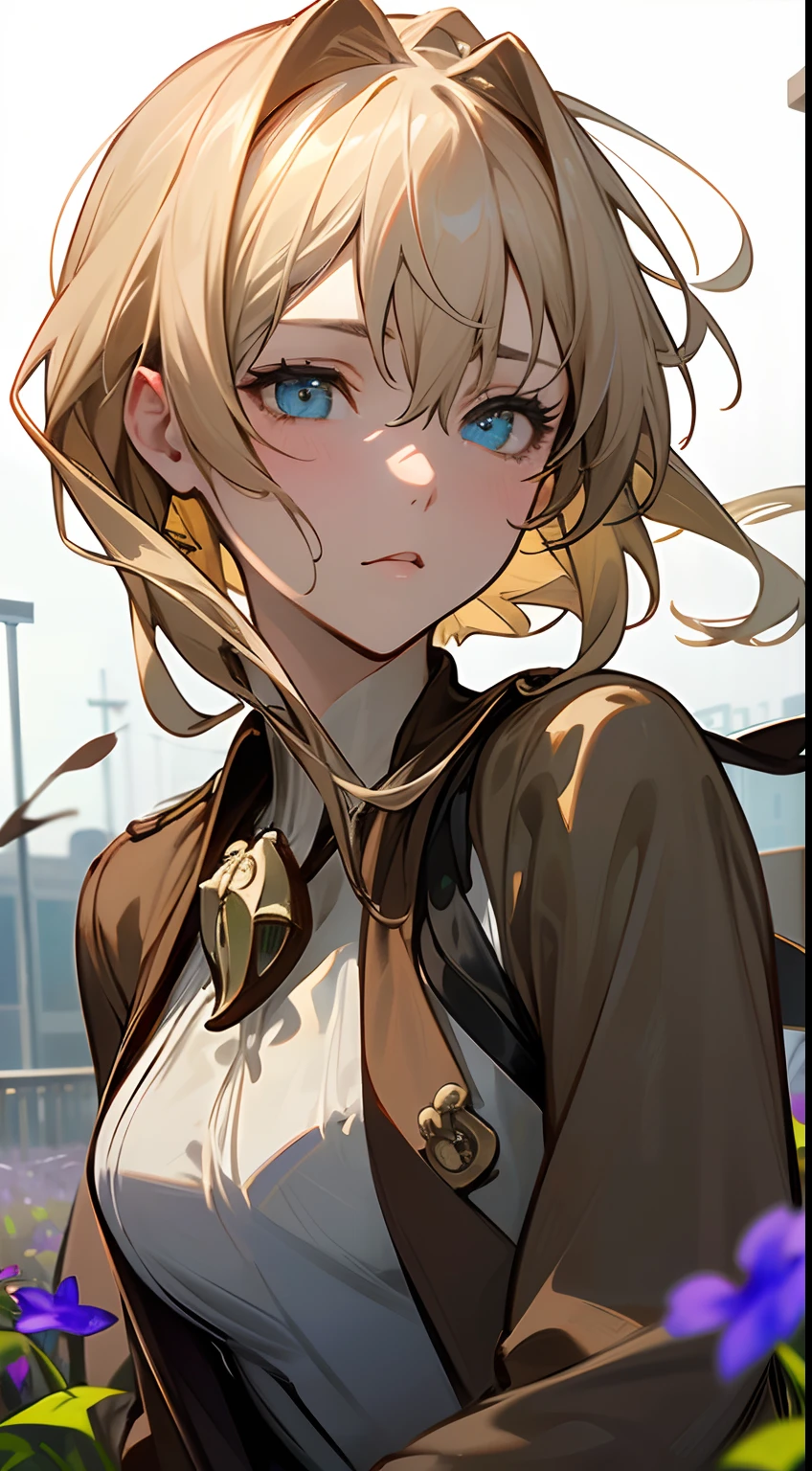 ((masutepiece)), ((Best Quality)), (Ultra-detailed), ((Extremely detailed)), 4K, (8K), Best Quality, (Beautiful), Focus on face0, Cute little girl s, 1girl in, Solo, ((Beautiful eyes))0, (Dynamic Angle: 1.3), Wind, Movie Highlight, Tindall Effect, 1 girl, Upper body, Arms up, look at the audience, extreme close - up, (((Violet_Evergarden))), Solo, Jewelry, deadpan, brooches, Blonde, ( Vevry Long Hair: 1.2), Floating hairlong_sleeves, bow ribbon, Blue_Eyes, Jacket, Dress, gemstone, , Depth_in the_field, flower field, Fluttering petals --auto
