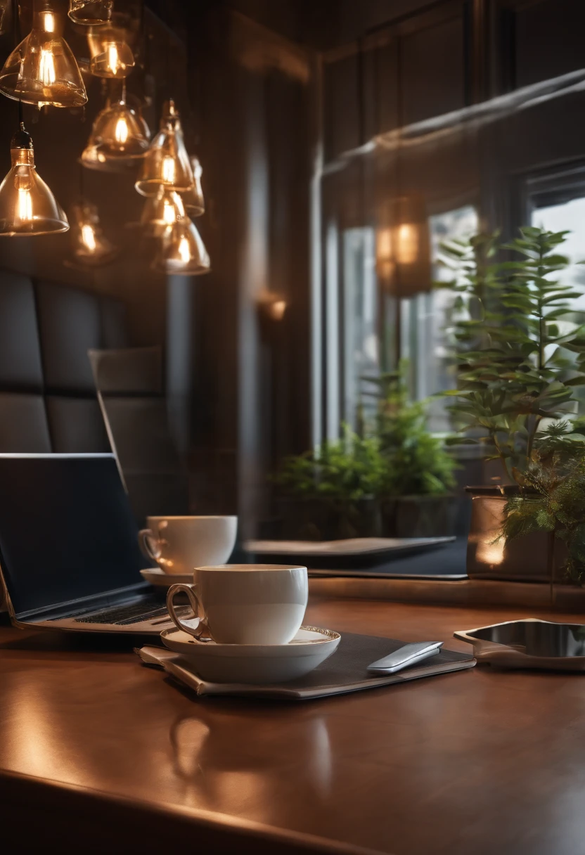 negocios, pessoas bem sucedidas, sucesso financeiro, ultra realista, detalhes ultra sofisticados, computador, Stock market, a cup of coffee, ambiente rico de sucesso, luz entrando na janela, calculadora, perfect hands