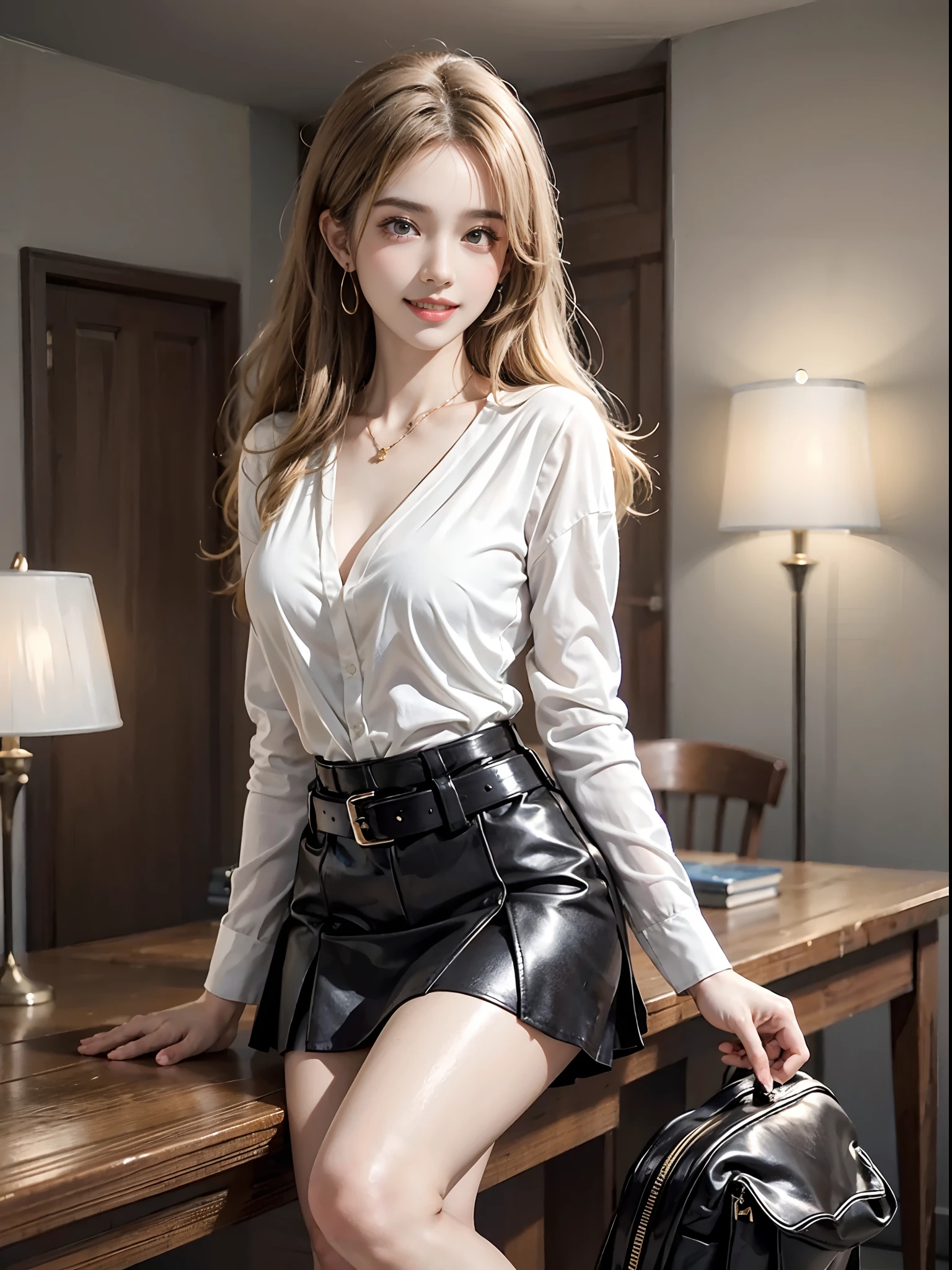 ((full body)), ((from side)), ((realistic)), 1girll, posed for photo, inside in room, desks, Stand up, Pleasing posture, amazing pose, pretty legs, looking at viewert, Detailed scenes, curlies, Air bangs, Beautiful hair accessories, Brownish-yellow hair, light make-up, Blushlush, Gloss on lips, ((White color blouse, black short skirt, Shiny belt)), (Campus style), warm lights, a warm color palette, Detailed details, ultra-detailliert, (tmasterpiece, best qualtiy), (An extremely delicate and beautiful work), Delicate earrings, Delicate necklace, Simple blurred background, Extreme detail description, Ultra-fine painting, Delicate face, slim toned body, (grin, happy grin, Baring teeth), (anatomy correct)