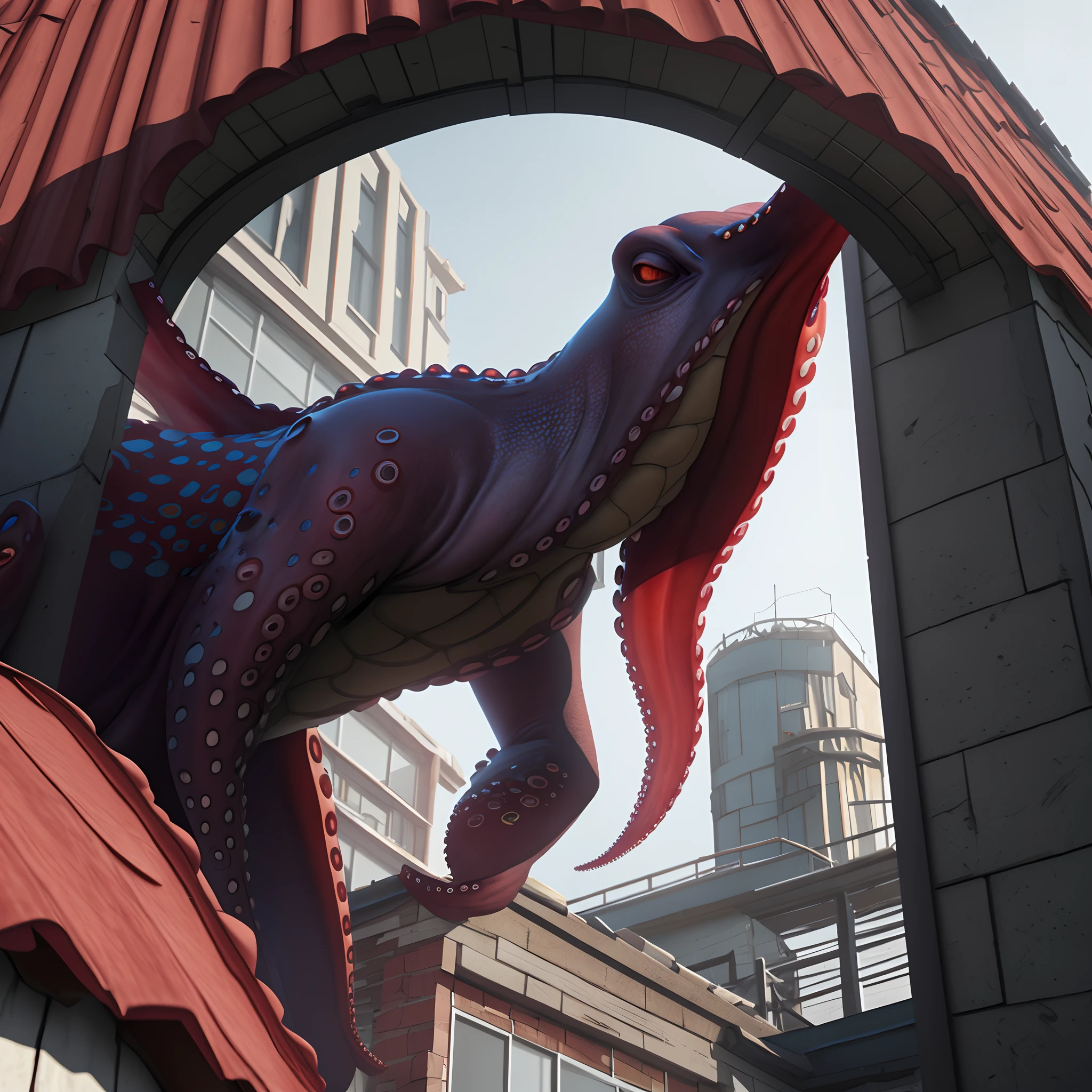 A super realistic 3D render digital art of a monster red half human half octopus sitting in a gray roof of a old building being filmed from a bottom-up angle.