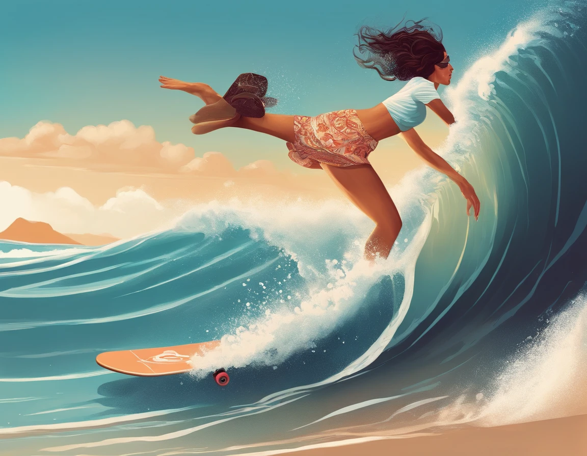 masterpiece, (textured skin), best quality, gorgeous beautiful girl, (a female surfing athlete), detailed clothes,large breasts,narrow waist,, (beautiful face), cinematic lighting, (at surfing venue ),
