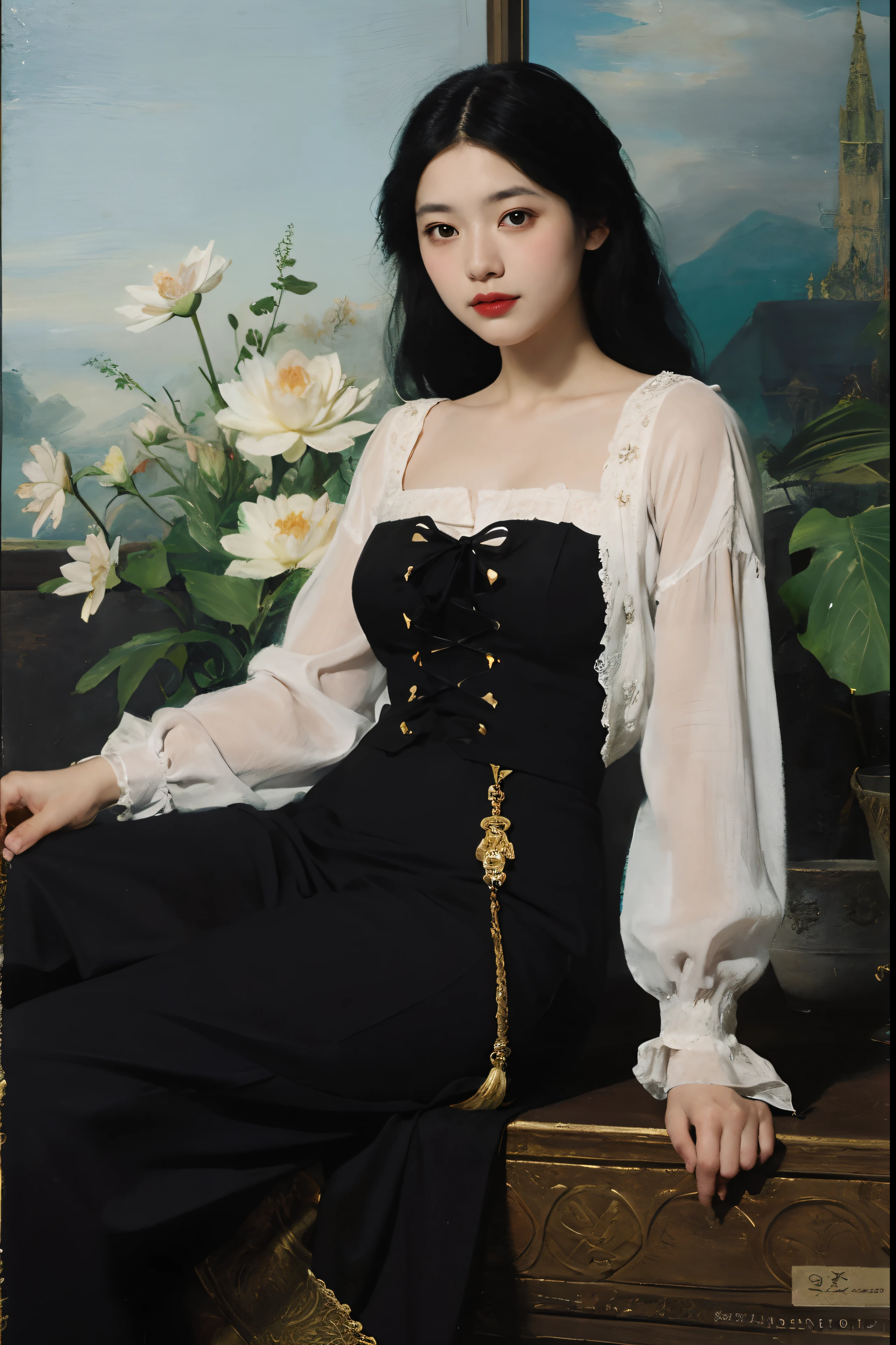 (Oil painting: 1.5),

\\

A woman with long black hair and white flowers in her hair sitting in a lotus flower, white blouse, cyan skirt (Amy Saul: 0.248), (Stanley Atger Liu: 0.106), (a detailed painting: 0.353), (Gothic art: 0.106)