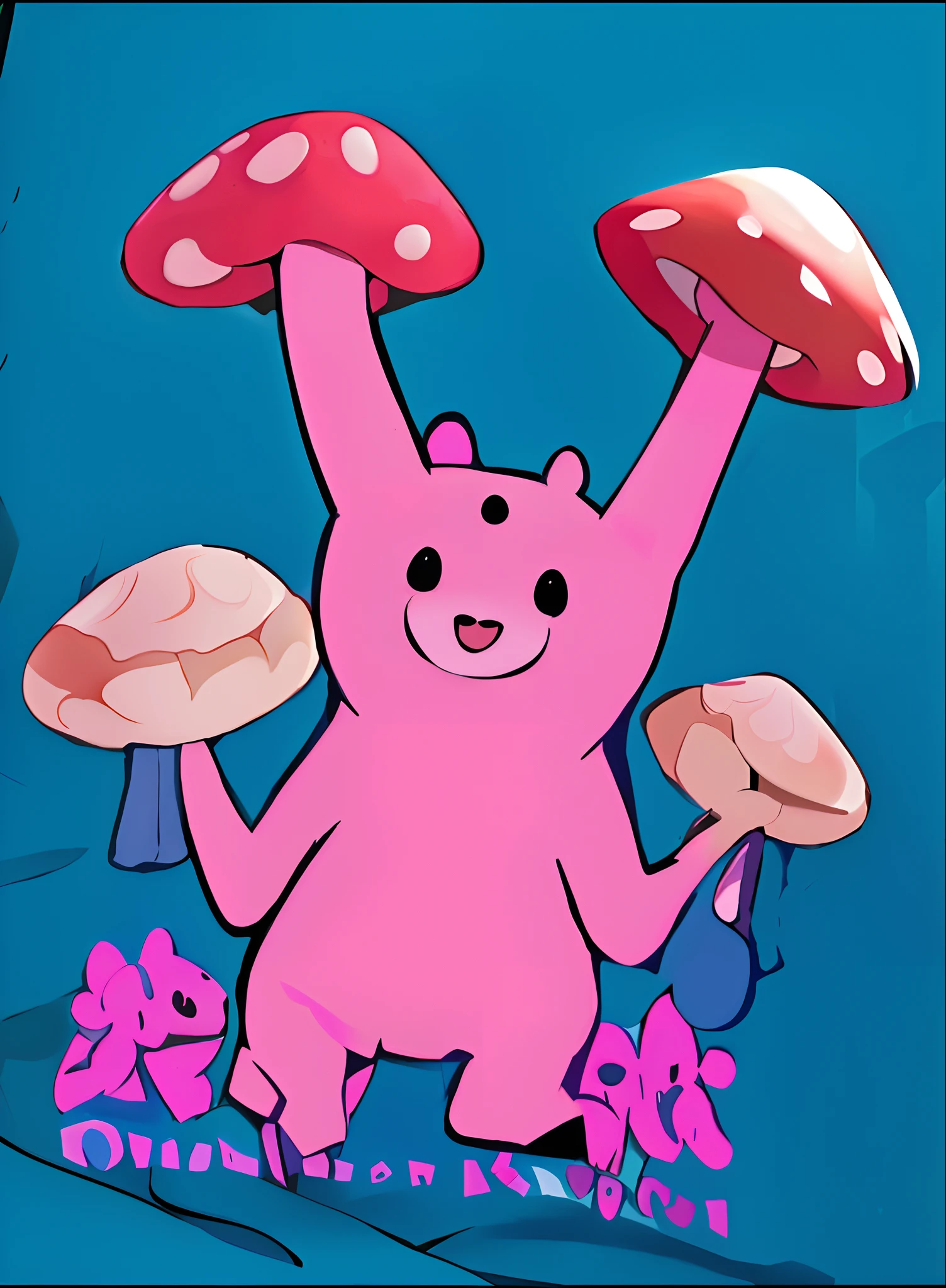 cartoon of a pink bear holding up mushrooms and a blue background, derpibooru, gelbooru anime image, pink iconic character, danbooru and artstation, safebooru anime image, cute forest creature, slime rancher, shrooms, happy tree friends, danbooru, adventure time cartoon, inspired by Pinchus Kremegne, blob anime