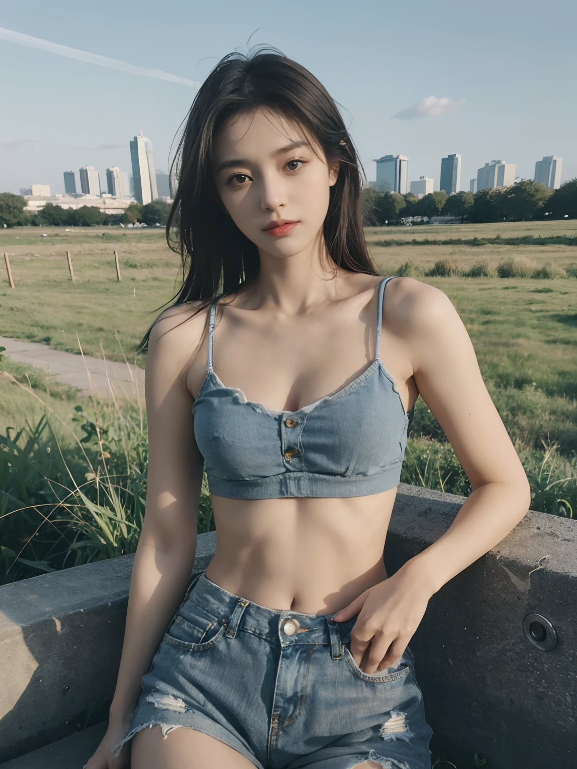 (8K, Raw photo, Photorealistic: 1.25), K,Beautiful skyline:1.5, Large grasslands:1.5, Girl in torn crop top and tormented blue denim shorts, Perfect body: 1.4, Slim abdomen: 1.2, Very small cleavage,Model body type、gradation hair