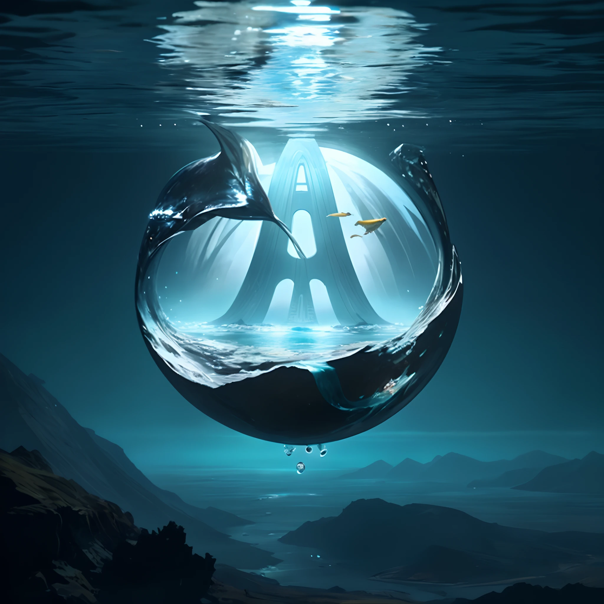 There's a big fish that's floating in the water., jessica rossier fantasy art, Futuristic underwater metropolis, Inspirado por Jessica Rossier, Por Jessica Rossier, Nave espacial sobre una isla, Inspirado por Sparth, water everwhere fantasy, inspirado por Stephan Martiniere, Manipulation of water art, Concept Art 8 K, Futuristic utopian fantasy