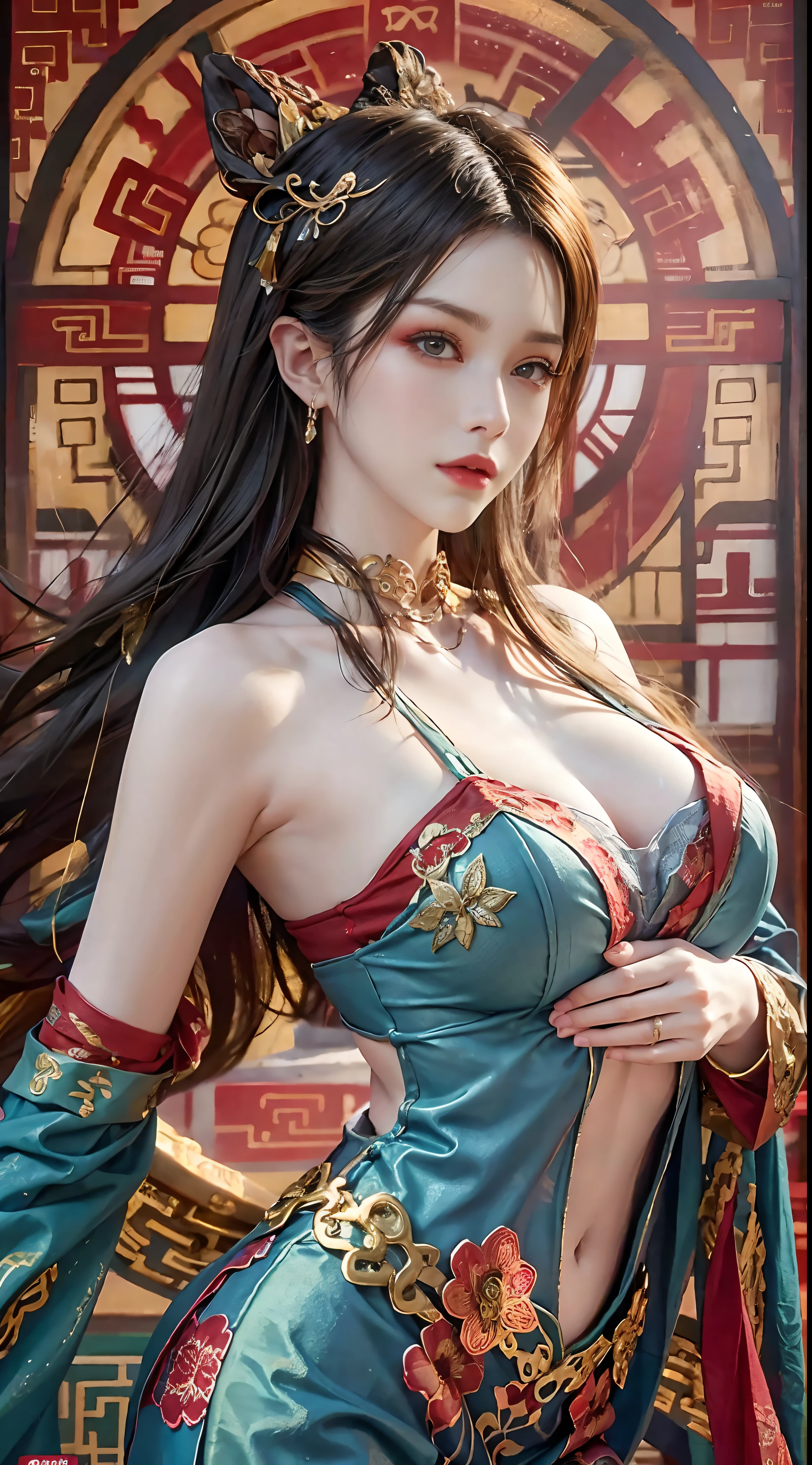 （From the outside） （shiny skins）， many color，Best quality at best，tmasterpiece，photograph of-realistic，Complicated details，RAW photogr，Court，Gorgeous cheongsam in many colors，Extra-long hair，cropped shoulders，delicated face，decorations，Stand by the window，on cheongsam，Lace，underdressing，decorations，close-up from the front，looking to the camera，huge tit，Ornate ornament