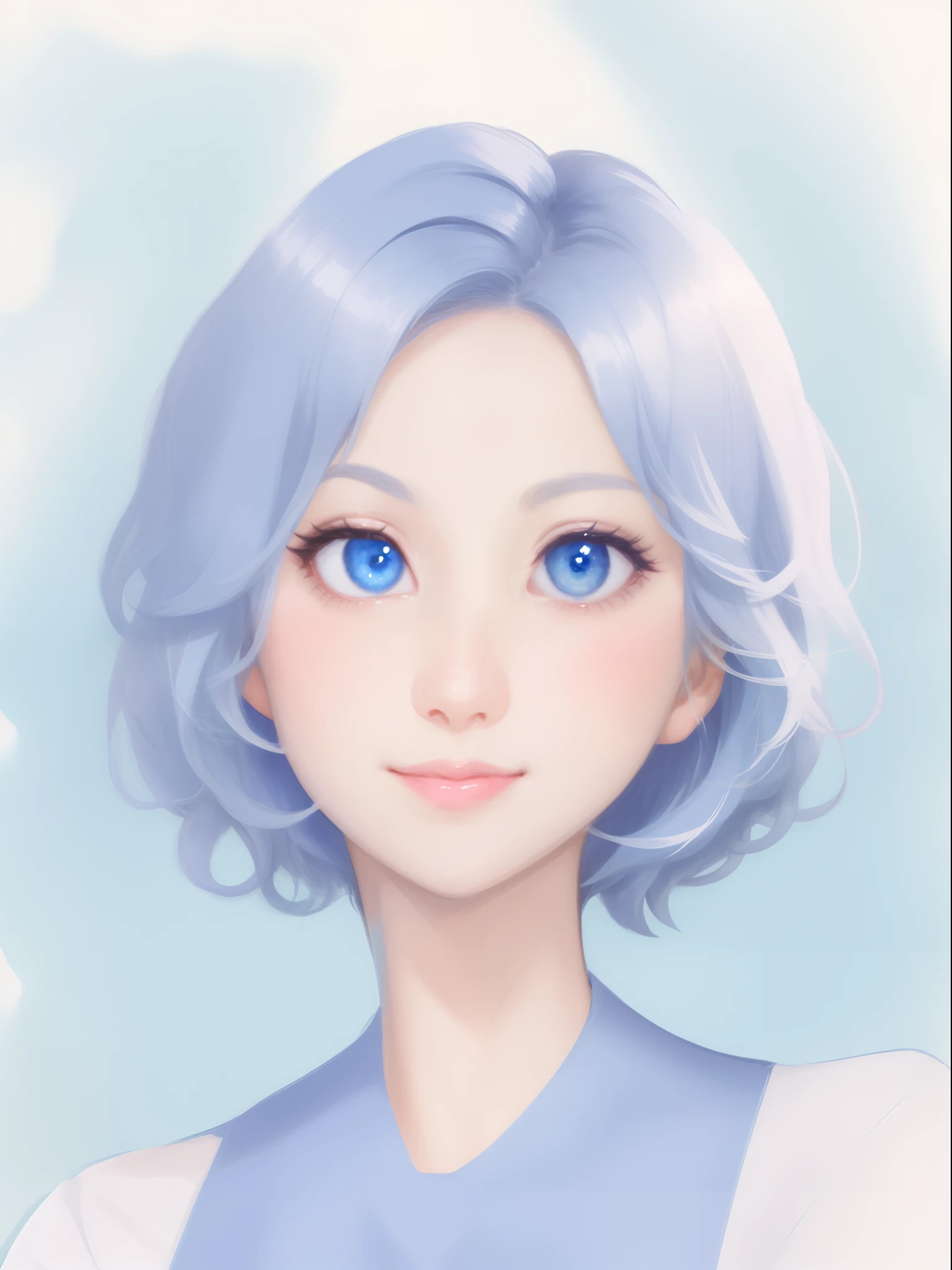 a drawing of the face of a woman with a short hair, short blue hair, blue eyes,looking at the viewer,cute smile, pink cheeks, anime face, character headshot portrait, character - portrait, face anime portrait, character design portrait, simple concept art portrait of anime girl, masterpiece, very detailed, high resolution, 8k