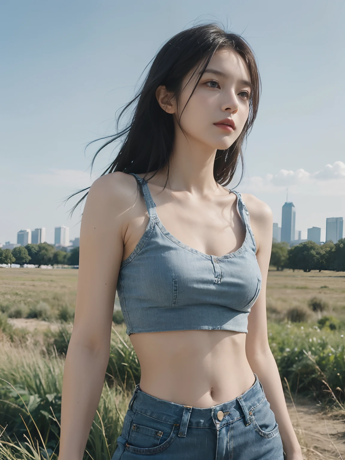 (8K, Raw photo, Photorealistic: 1.25)，16 K，Beautiful skyline：1.5, Large grasslands：1.5, Girl in torn crop top and tormented blue denim shorts, Perfect body: 1.4, Slim abdomen: 1.2, Very small cleavage,Model body type、gradation hair