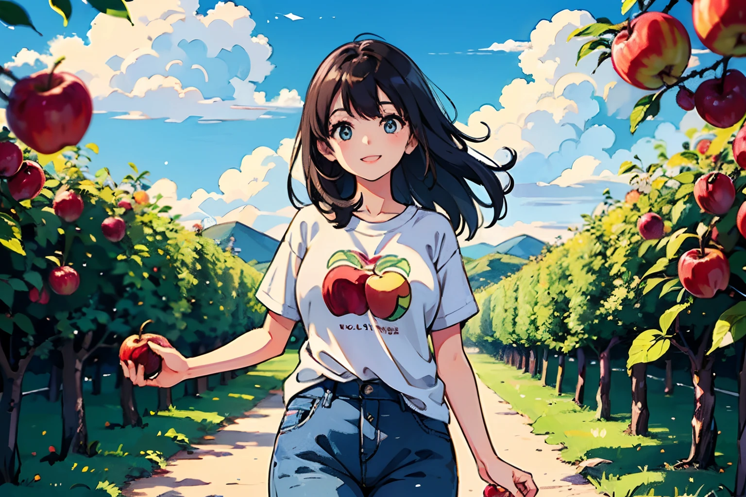 Best quality、超A high resolution、full bodyesbian、Sunny,Long-haired girl working in an apple orchard、Lots of apple trees、Plump fruit,A lot of apples,Wear a boyfriend-style loose T-shirt,Picking apples、The action is lively and lively,Blue sky and white clouds,orchard, Cute happy smile