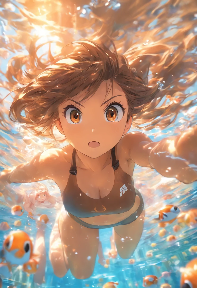 foreshortening,  depth of field, masterpiece, best quality, 1girl, brown hair, brown eyes,  long hair, underwater, air bubble, solo, looking at viewer, school swimsuit, swimming,  dappled sunlight,