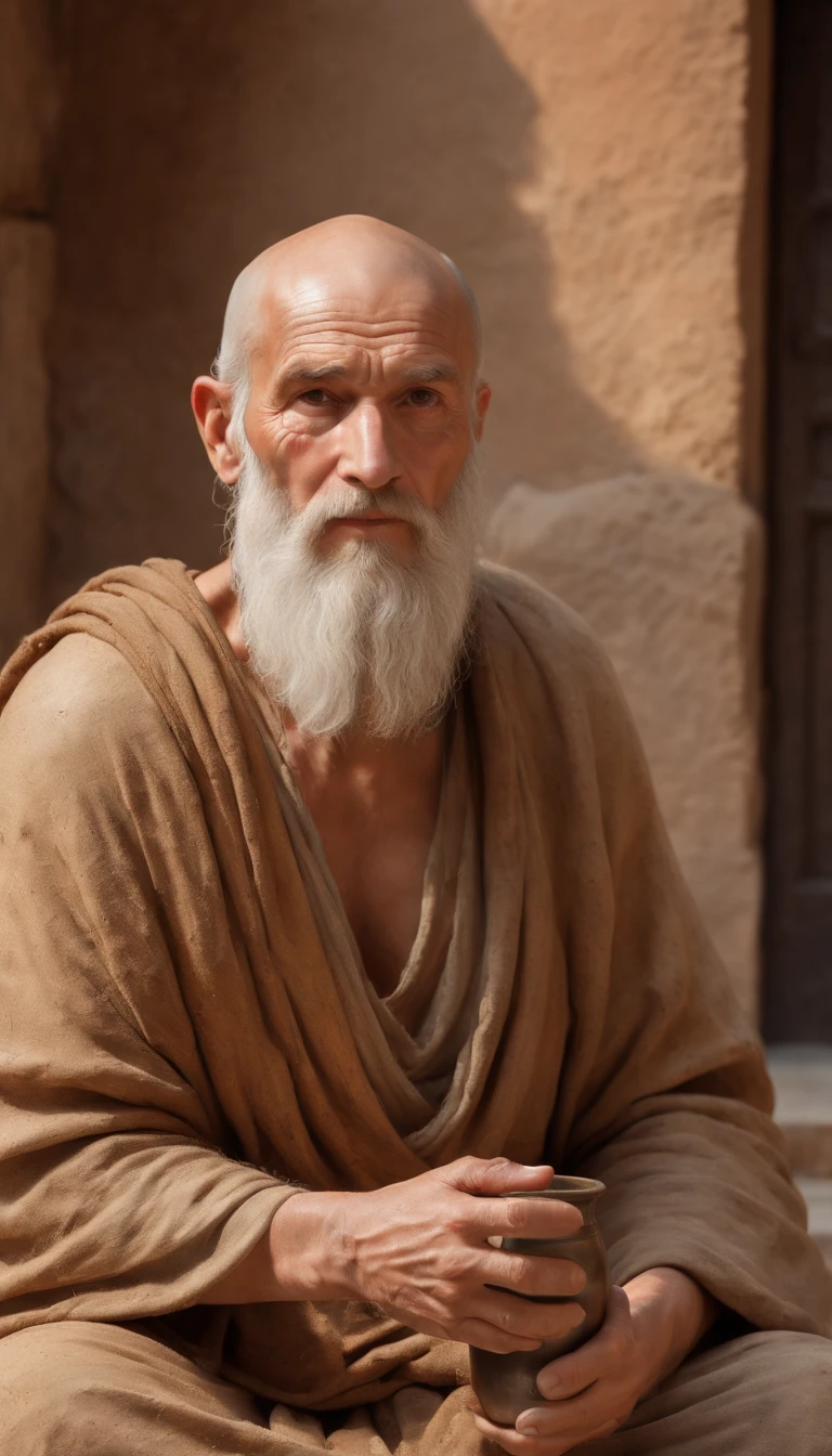 diogenes in the style of Photo real, hyper-realistic, high dynamic range, rich colors, lifelike textures, 8K UHD, high color depth, Nikon D 850, Kodak Portra 400, Fujifilm XT, portrait of ultra realistic, ultra detailed portrait, detailed realistic painting, painting of diogenes , realistic detailed painting, a photorealistic painting, portrait of diogenes , ultra realistic illustration, portrait of a diogenes , extremely detailed portrait, highly detailed portrait, detailed realistic colors, incredibly detailed oil painting, 8k, masterpiece, RAW photo, best quality, photorealistic, extremely detailed CG Unity 8k wallpaper, Depth of field, Cinematic Light, Lens Flare, Ray tracing, (extremely wise face, contemplative expression, piercing gaze), intricate detail face, ((ultra detailed skin)) 1 man, in the dark, deep shadow, Diogenes of Sinope, ancient philosopher, (historically accurate attire: tattered philosopher's robe, simple attire), ((((sitting inside a large earthenware jar with a wide opening at the top, big enough to fit the man comfortably inside, made of clay with a brown color, featuring cracks and scratches on its surface)))), (((soft glow of a gas lantern in his hands illuminating his surroundings))), ((calm and serene expression on his face)), (((stone pavement with gaps between the stones, building in the background with a dome and some windows, dogs of different breeds and sizes sitting or lying down around the jar, some looking at the man with interest while others gaze away, lifelike textures and details of Diogenes, the jar, and the dogs))), (((hyper-realistic style, focus on high dynamic range, rich colors, and ultra-realistic lighting))), (((8K UHD masterpiece capturing the essence of Diogenes in his iconic barrel with a gas lantern))).