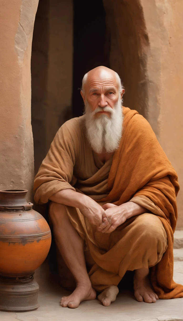 diogenes in the style of Photo real, hyper-realistic, high dynamic range, rich colors, lifelike textures, 8K UHD, high color depth, Nikon D 850, Kodak Portra 400, Fujifilm XT, portrait of ultra realistic, ultra detailed portrait, detailed realistic painting, painting of diogenes , realistic detailed painting, a photorealistic painting, portrait of diogenes , ultra realistic illustration, portrait of a diogenes , extremely detailed portrait, highly detailed portrait, detailed realistic colors, incredibly detailed oil painting, 8k, masterpiece, RAW photo, best quality, photorealistic, extremely detailed CG Unity 8k wallpaper, Depth of field, Cinematic Light, Lens Flare, Ray tracing, (extremely wise face, contemplative expression, piercing gaze), intricate detail face, ((ultra detailed skin)) 1 man, in the dark, deep shadow, Diogenes of Sinope, ancient philosopher, (historically accurate attire: tattered philosopher's robe, simple attire), ((((sitting inside a large earthenware jar with a wide opening at the top, big enough to fit the man comfortably inside, made of clay with a brown color, featuring cracks and scratches on its surface)))), (((soft glow of a gas lantern in his hands illuminating his surroundings))), ((calm and serene expression on his face)), (((stone pavement with gaps between the stones, building in the background with a dome and some windows, dogs of different breeds and sizes sitting or lying down around the jar, some looking at the man with interest while others gaze away, lifelike textures and details of Diogenes, the jar, and the dogs))), (((hyper-realistic style, focus on high dynamic range, rich colors, and ultra-realistic lighting))), (((8K UHD masterpiece capturing the essence of Diogenes in his iconic barrel with a gas lantern))).