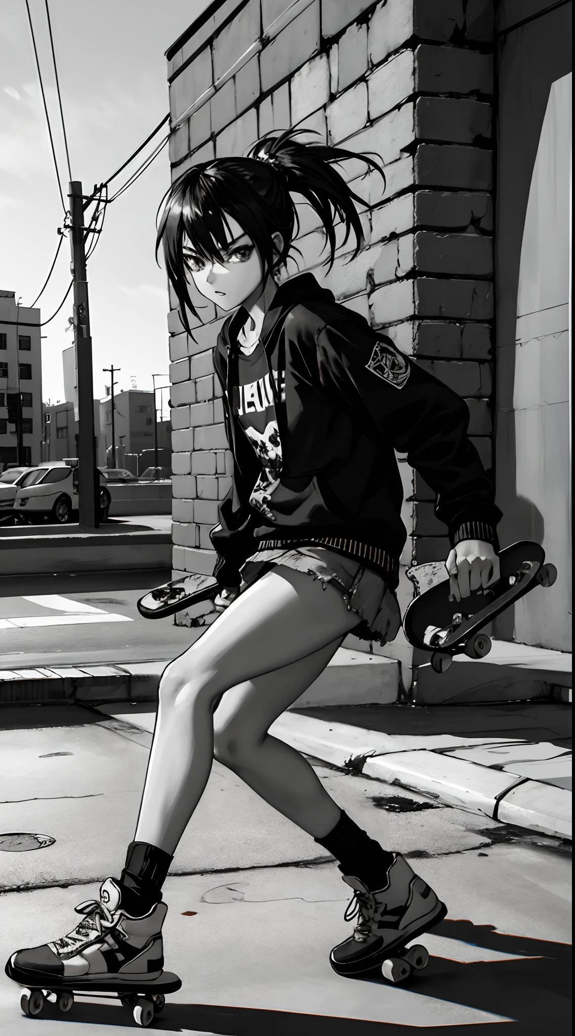 1 girl, upper body, single focus, urban cool, skateboarder's gear, punk-rock style, (skateboard: 1.4), (urban skatepark: 1.3), fierce attitude, rebellious aura, [depth of field, ambient lighting, grinding rails foreground, cityscape background], gravity-defying tricks, concrete playground, spray of skateboard, (street art), (ramp: 1.2), intricate details, enhanced lighting.