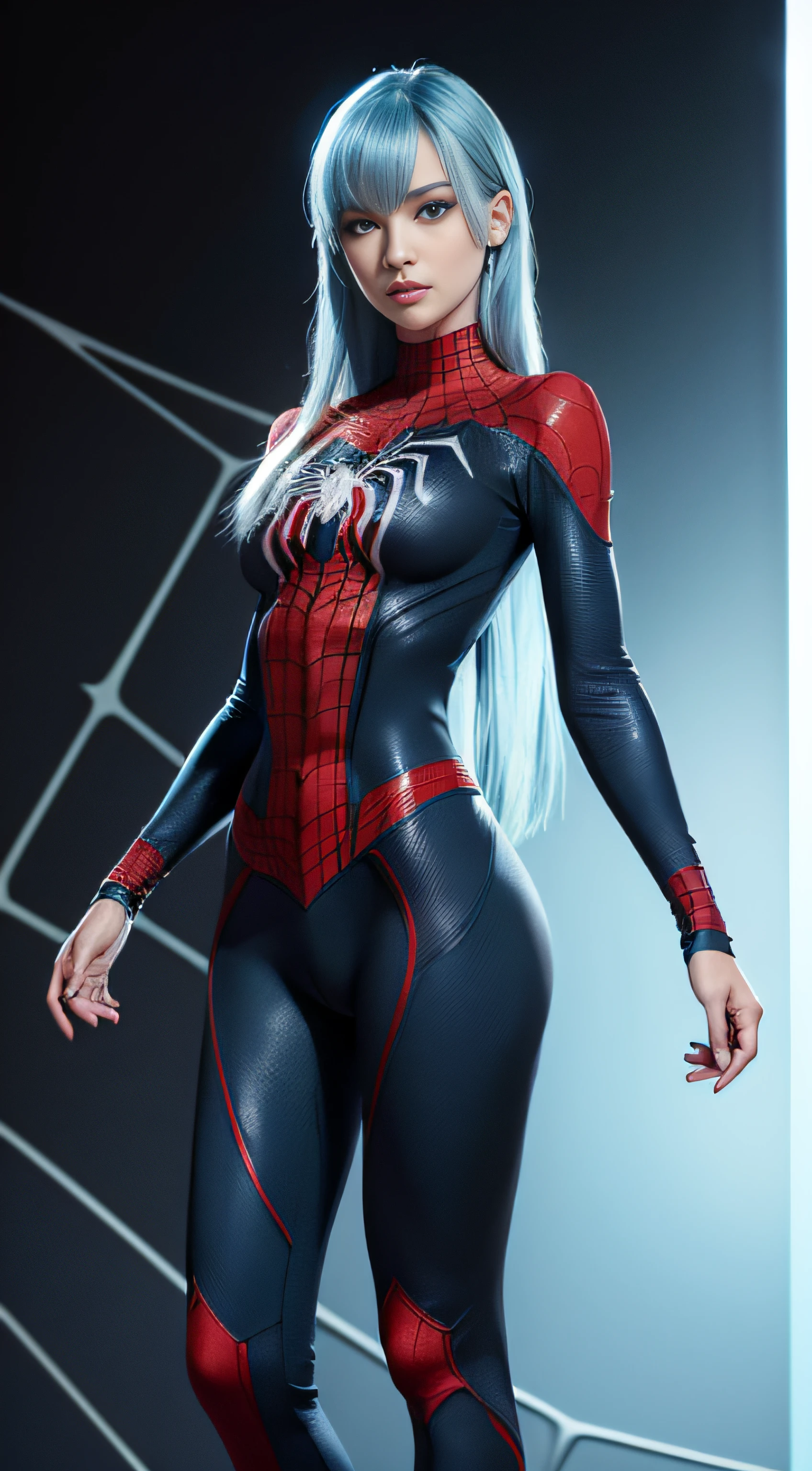 8K, Top Quality, Intricate Details, Ultra Detail, Ultra High Resolution, Masterpiece, random angle, Slender, Smile, (Makeup: 0.4), (Fluffy Blue Eyes: 1.21), blue Eyes, looking at viewer, ((full body)), 1girl, solo, 1 girl, (( full body)), close up shot, feminine and sexy posture, ((tall)), (((fit body))), (((slim face))), sharp face, sharp eyes, (((sky blue hair, long hair, side bangs)) (detailed face), sharp face, small lips half open lips, pureerosfaceace_v1,
((full black spiderman suit, )), detailed face, detailed breast, detail ass, round ass, Beautiful girl with accentuated slender abs: 1.4, Six Pack Abs: 1.4, Bust Botox, Big, Perfect Body, detail leg, (Dark Night Background: 1.2)
