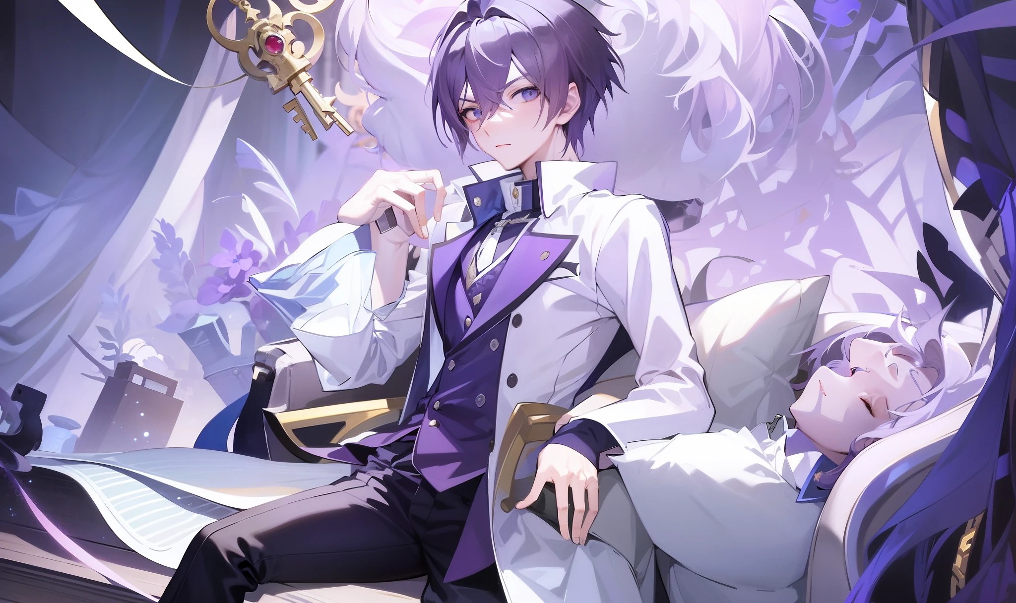 anime anime character sitting in bed with a key in his hand, key anime art, detailed key anime art, keqing from genshin impact, anime key visual of elegant, dapper dream demon, he is in a alchemist lab, inspired by Okumura Masanobu, zhongli from genshin impact, hajime yatate，trouser，Jirou legs
