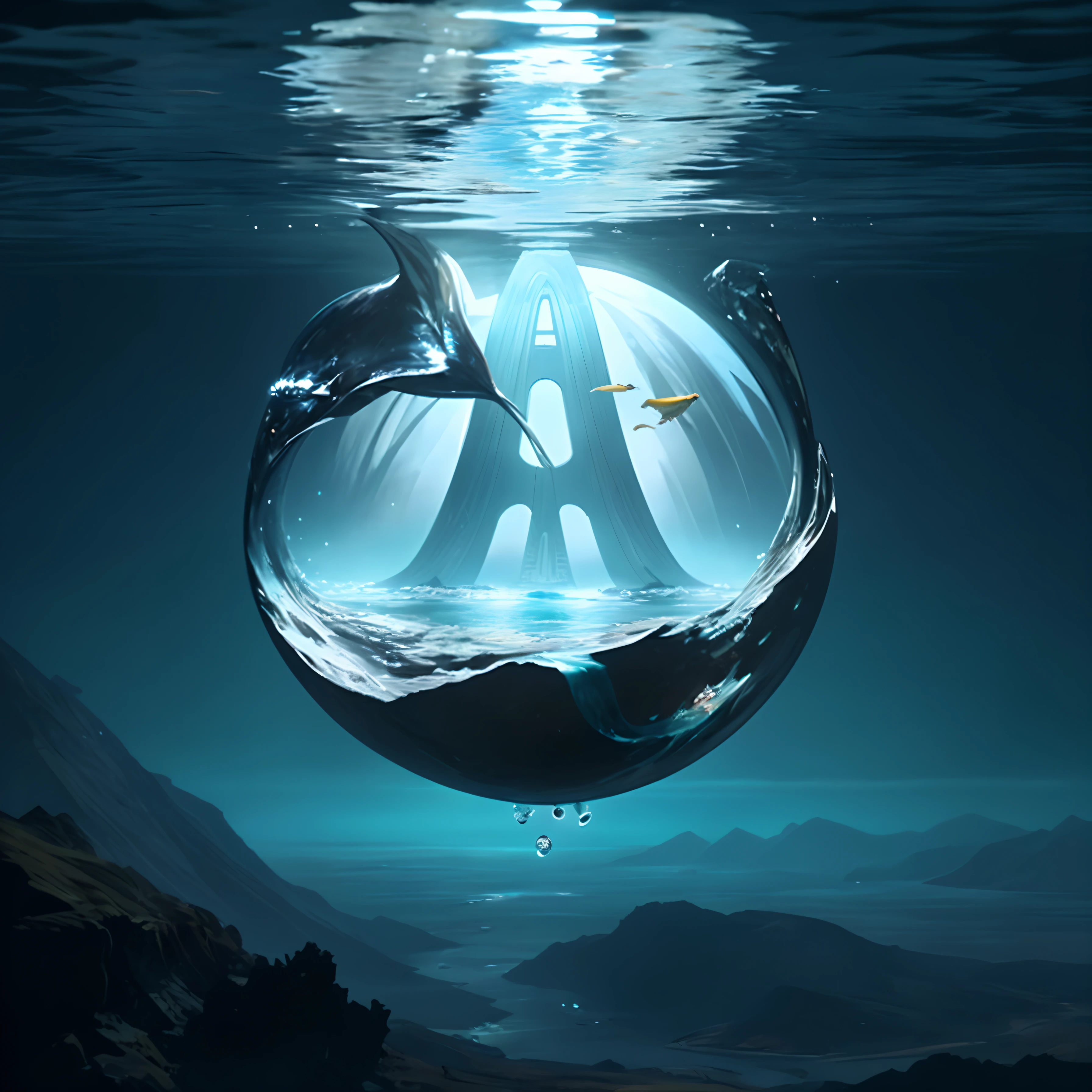 There's a big fish that's floating in the water., jessica rossier fantasy art, Futuristic underwater metropolis, Inspirado por Jessica Rossier, Por Jessica Rossier, Nave espacial sobre una isla, Inspirado por Sparth, water everwhere fantasy, inspirado por Stephan Martiniere, Manipulation of water art, Concept Art 8 K, Futuristic utopian fantasy