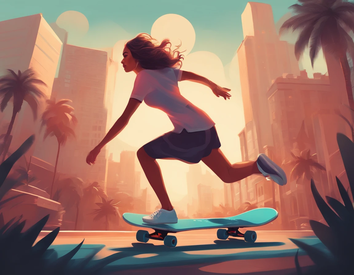 there is a woman riding a skateboard, jen bartel, in style of cyril rolando, cyril rolando and goro fujita, inspired by Cyril Rolando, in style of digital illustration, illustration style, stunning digital illustration, vector art style, stunning art style, vector behance hd jesper ejsing, colorful illustration, fabulous illustrations