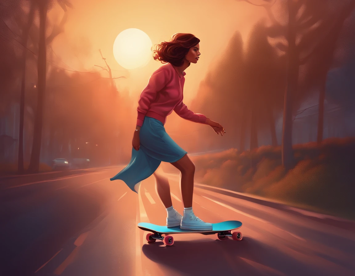 there is a woman riding a skateboard, jen bartel, in style of cyril rolando, cyril rolando and goro fujita, inspired by Cyril Rolando, in style of digital illustration, illustration style, stunning digital illustration, vector art style, stunning art style, vector behance hd jesper ejsing, colorful illustration, fabulous illustrations