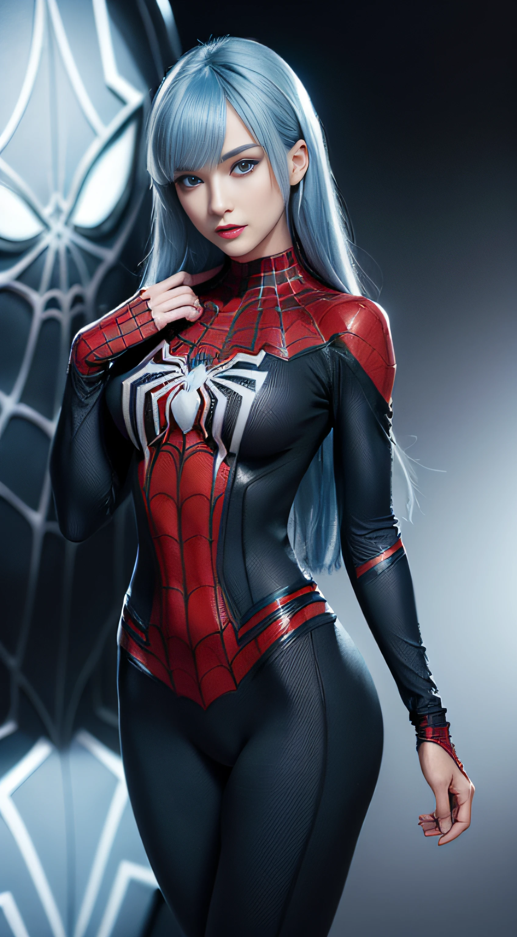 8K, Top Quality, Intricate Details, Ultra Detail, Ultra High Resolution, Masterpiece, random angle,  Slender, Smile, (Makeup: 0.4), (Fluffy Blue Eyes: 1.21), blue Eyes, looking at viewer, ((full body)), 1girl, solo, 1 girl, (( full body)), close up shot, feminine and sexy posture, ((tall)), (((fit body))), (((slim face))), sharp face, sharp eyes, (((sky blue hair, long hair, side bangs))  (detailed face), sharp face, small lips half open lips, pureerosfaceace_v1,
 ((full black spiderman suit, )),  detailed face, detailed breast, detail ass, round ass, Beautiful girl with accentuated slender abs: 1.4, Six Pack Abs: 1.4, Bust Botox, Big, Perfect Body, detail leg,  (Dark Night Background: 1.2)