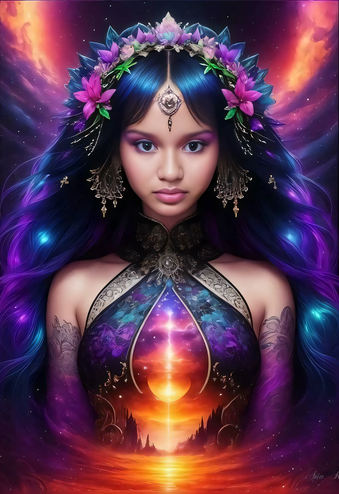 uma mulher com cabelos longos e uma coroa de flores no cabelo, cosmic goddess, portrait of a cosmic goddess, Um retrato impressionante de uma deusa, psychedelic goddess, Deusa Celestial, sagrado feminino, wearing psychedelic wicca, divine cosmic female power, goddess of space and time, Mago Celestial Lindo, Deusa ciborgue no cosmos, Retrato da Deusa, Deusa DMT