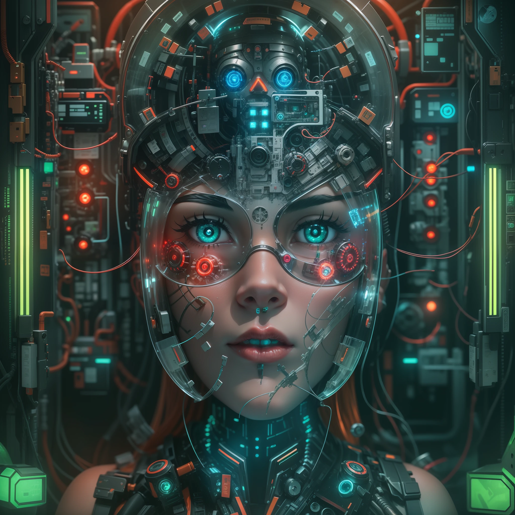 Lush and voluptuous cyborg woman made of glass that reveals its interior, full of motors, relays. Green, blue and red LED indicator lights and circuits.