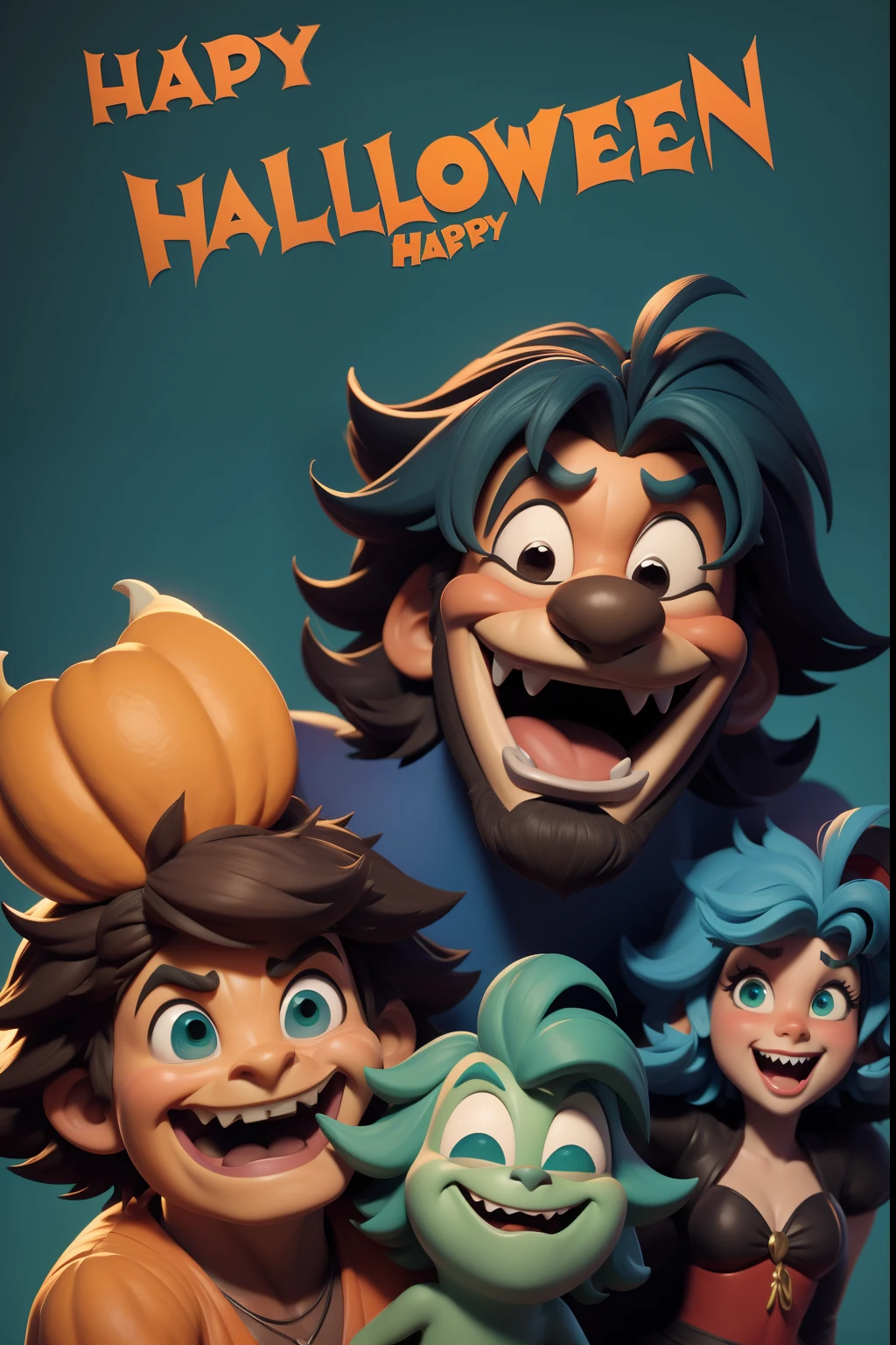 Happy Halloween. Poster. Announcement. Funny cheerful wild shaggy characters in the style of a 3D Disney cartoon. Close-up. Blurred blue-green-red background. Studio lighting. Light haze.