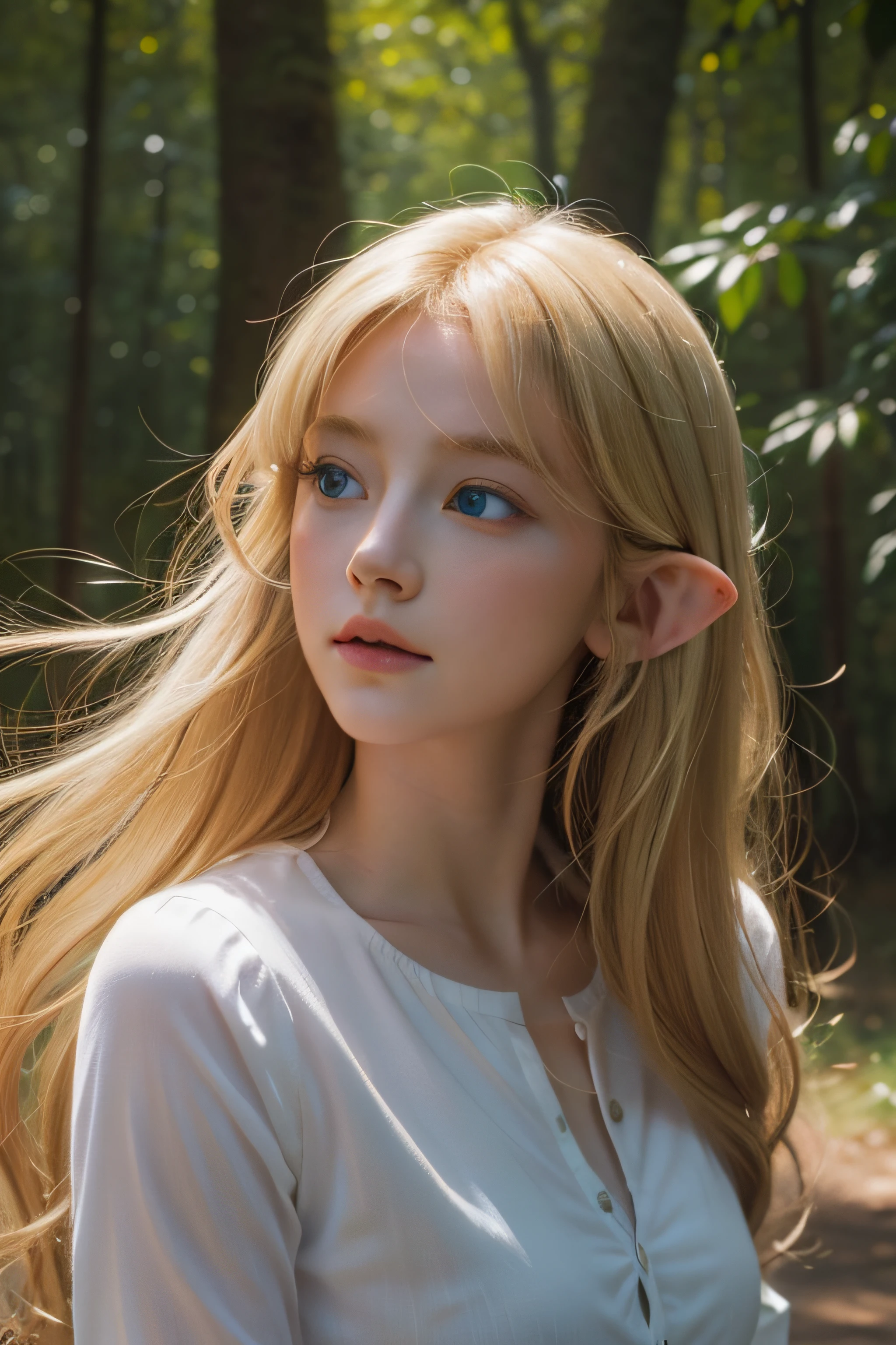 40s beauty, elf beauty, large bust, slender figure, slit blue eyes, semi-long blonde hair, pointed elf ears, gently smiling, face shot, ultra realistic, al-capture, high detail, high resolution 16K human skin close-up Skin texture should be natural, pores detailed enough to be finely identified Must be Mix4, 20d, SOLO, full body, look-at viewer, (8K, RAW capture, finest 1), (Real Photo 2), (Real Photo Realistic: 1.37), professional lighting, photon mapping, radiosity, physics-based rendering.