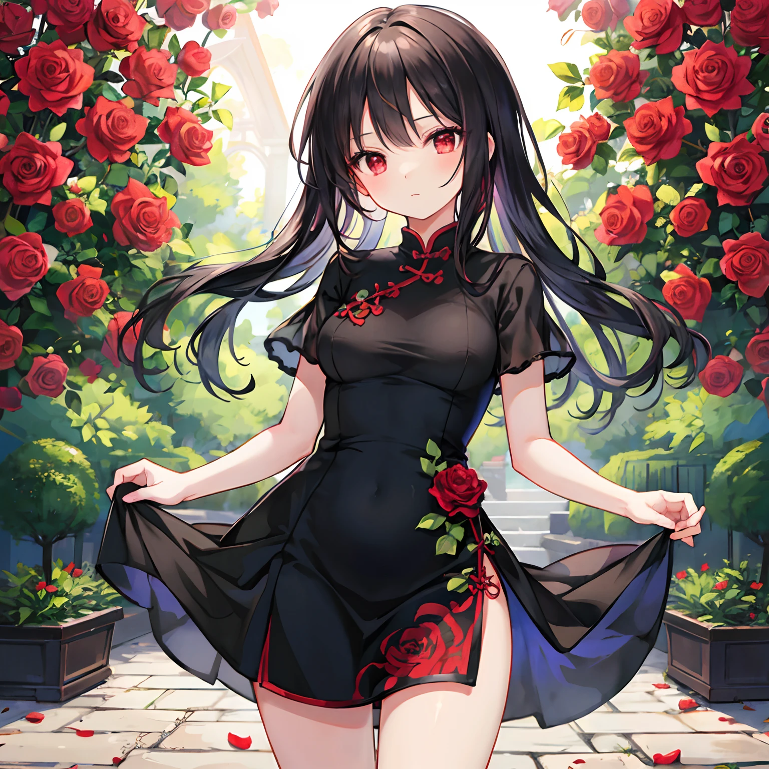 Wavy black hair、red eyes、Beautiful girl alone、qipao dress、a miniskirt、Bright red rose garden、