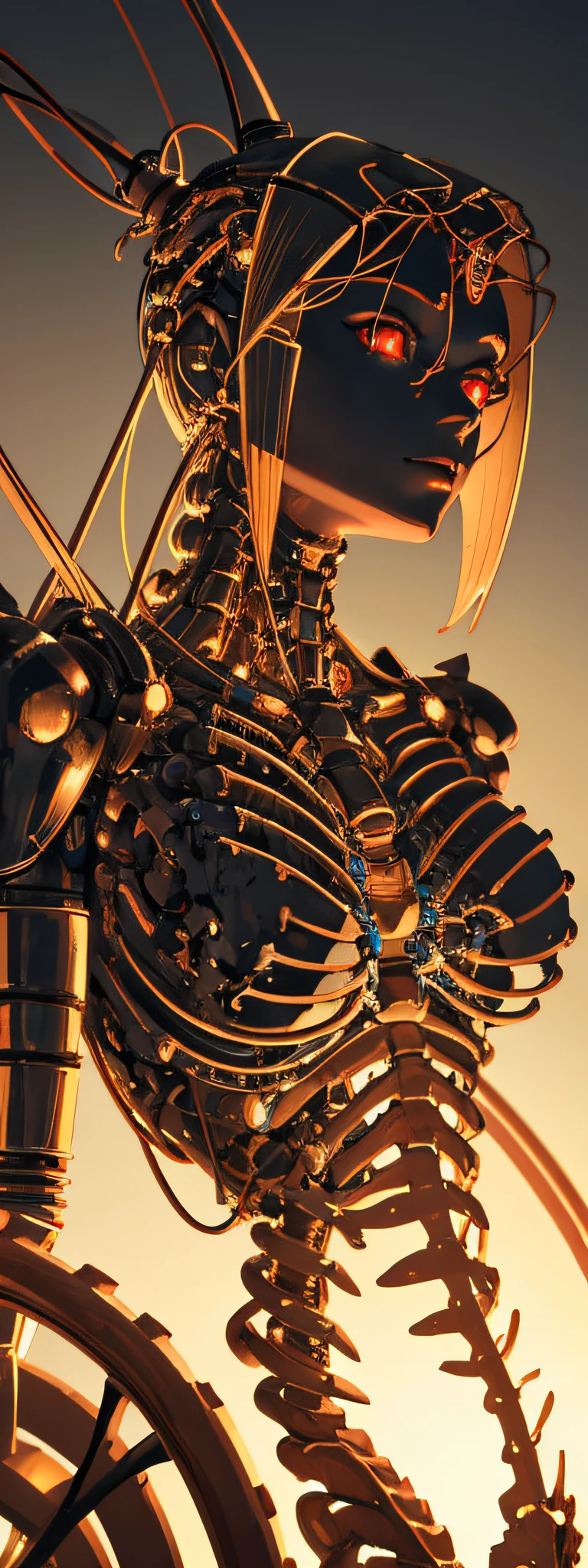 1mechanical girl,((super realistic details)), Portrait, Global Illumination, shadowy, Octane Render, 8K, ultrasharp,Metal,Convoluted, ornaments detailed, cold color, Egyptian details, highly intricate detail, Realistic light, Trending on CGSociety, Glowing eyes, Facing Camera, neon details, machanical limbs,blood vessels connected to tubes,mechanical vertebra attaching to the back,mechanical cervial attaching to neck,Sitting,wires and cables connecting to head