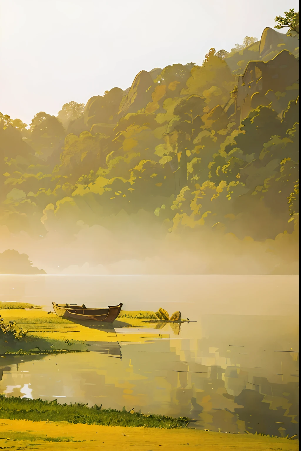 there is a boat that is sitting on the shore of a lake, early morning light, the morning river, in the early morning, early morning mood, soft morning light, laos, early morning, serene scene, peaceful scene, dreamy scene, beautiful morning, vibrant setting, in the morning light, wooden boat, in a serene landscape, summer morning light, peaceful landscape