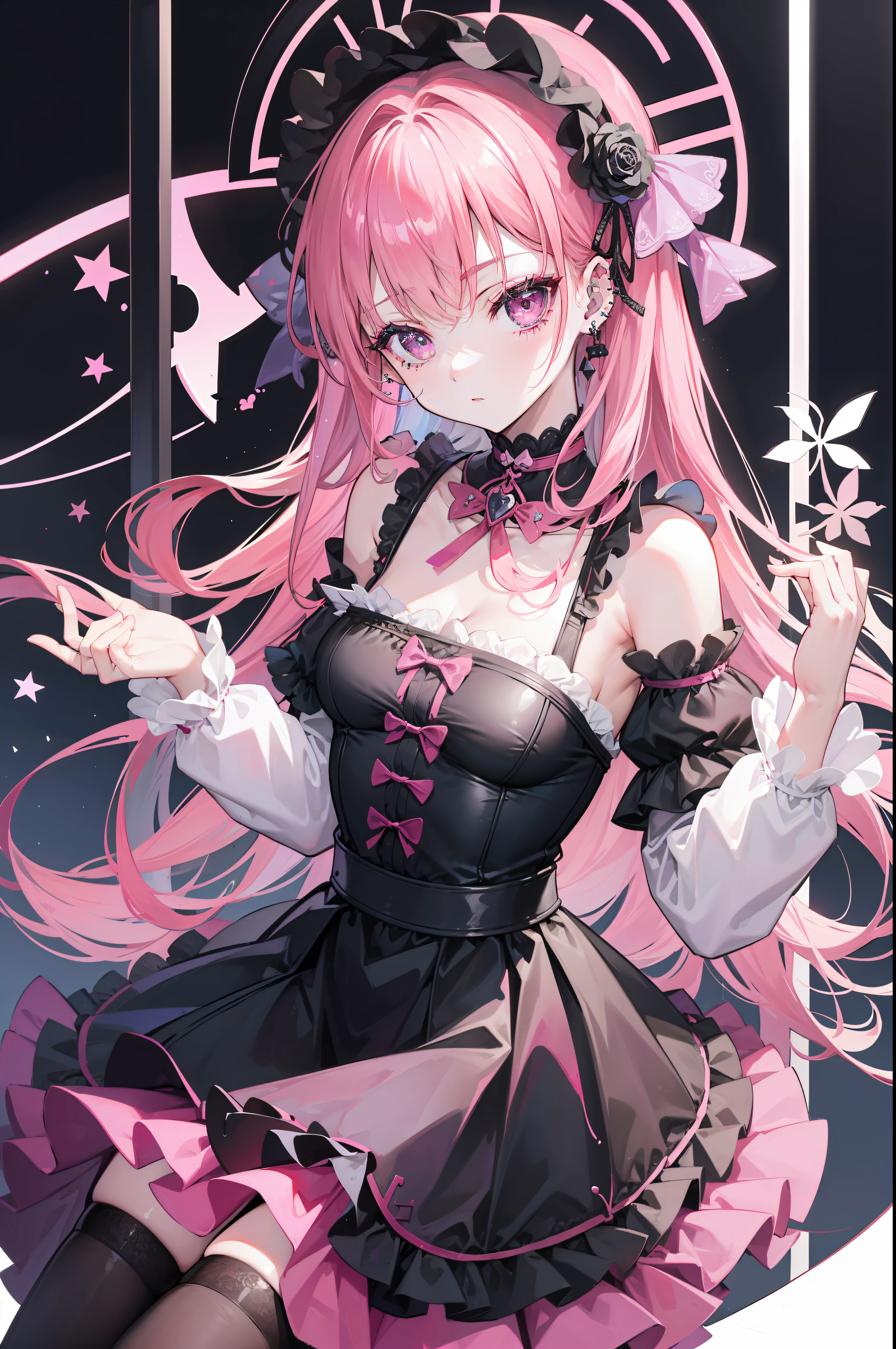 （（tmasterpiece：1.4，Best quality））++，（hyper-detailing）+，（Best quality，hyper-detailing，vibrant with colors，rich colourful，dynamic angle，hight contrast：1.2），one-girl，Height about 141cm，short，Dark  attributes，Lori huge breasts cleavage，flatchest，Has cat ears and a cat tail，dark pink rose（symbol），playingcards（symbol），Long pale pink hair，Dark pink highlights，Tie the ends of hair，European clothing，Ethereal eyes，European dress（Nero，blanche，Dark pink and gold lace, etc.）（（Dark pink rose flower decoration））（（Playing card decoration）），Princess dress，short- sleeved，Black ribbon bow and gold lace headdress（（Dark pink rose flower decoration）），Holding a cat doll in hand（micro horror element theory），face expression，leslack lence black pantyhose，Booties。European，circuagister，playingcards，There are some patterns under the eyes，Draw the whole body。delicated face，exquisite facial featurerom below：0.5）， Fashionab， with dynamism， garments， posing on a， frontage， rich colourful， dyna， Background with， element in， self-assured， Expressing the， statement， fittings， A majestic， coil， Runt， Scenes， Cover of a， boldness， attention-grabbing， Fashionab， typeface， Catchy， attention-grabbinodern day， Fashionab， focal， Fashionab，the night，themoon，stage，performance，A huge scene，lamplight