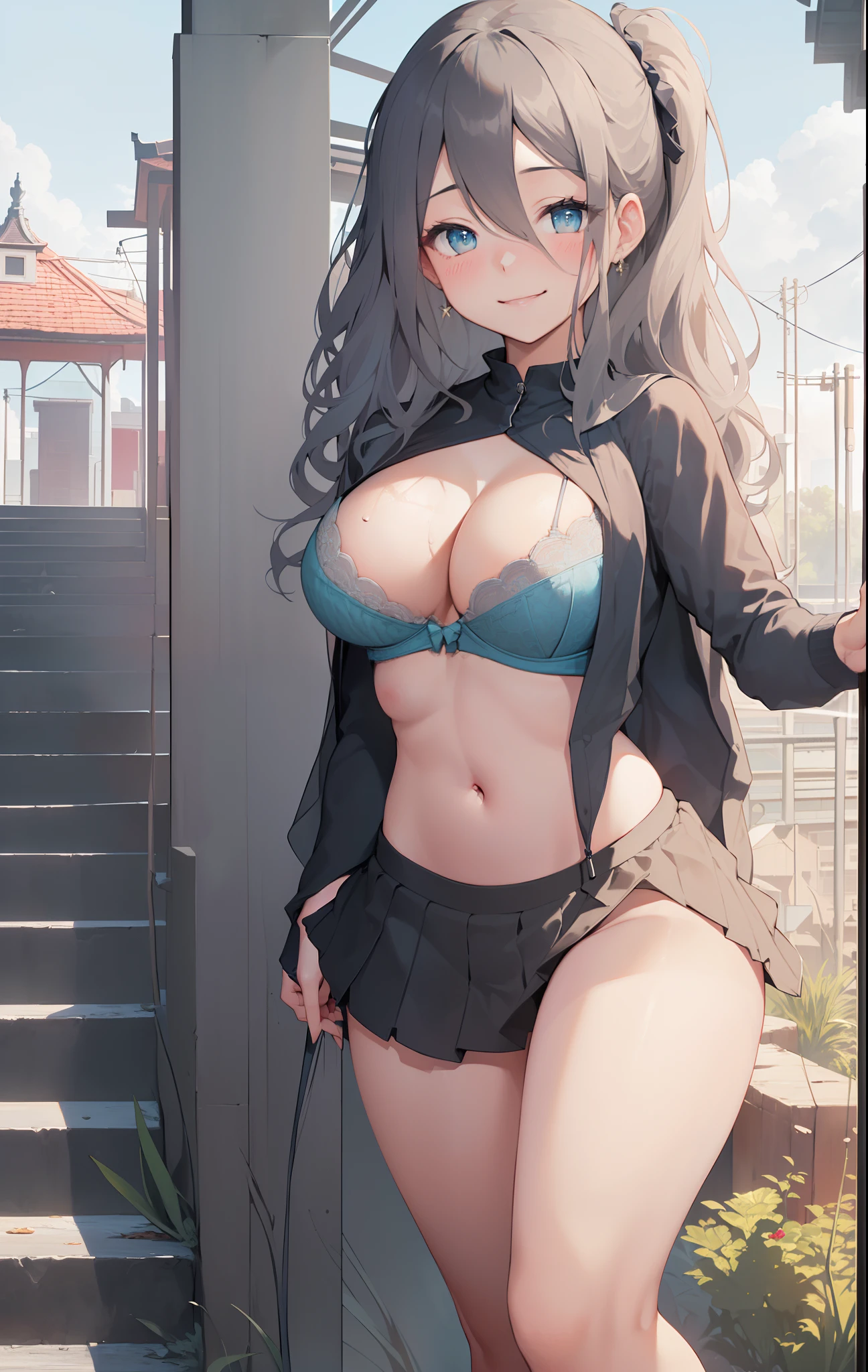 Smile, blush, Outdoors, day, Simple background, Blue sky, skyporn, temple, Looking at Viewer, stairs, mont, Moody lighting, face to the viewer, Hires, Best Quality, Official art, NSFW, best anatomy, (NSFW, 1girl in, Paizuri, Paizuri, victorious pose, , Dark slate gray hair, tired hair, Wavy Hair, smug face, lightsmile, Jitome, hetero, Indoors,, Huge breasts, [[[[[[[Plump]]]]]]], (Diagonally from directly below:1.0),(Mist oil:1.2),(Ultra high resolution beautiful bra is sexy and fresh:1.2),(Beautiful oil skin with ultra-high resolution:1.2),(super high resolution beautiful 🎨:1.1),(solid (Body):1.2),(Depth:1.2),(Soft skin:1.2)